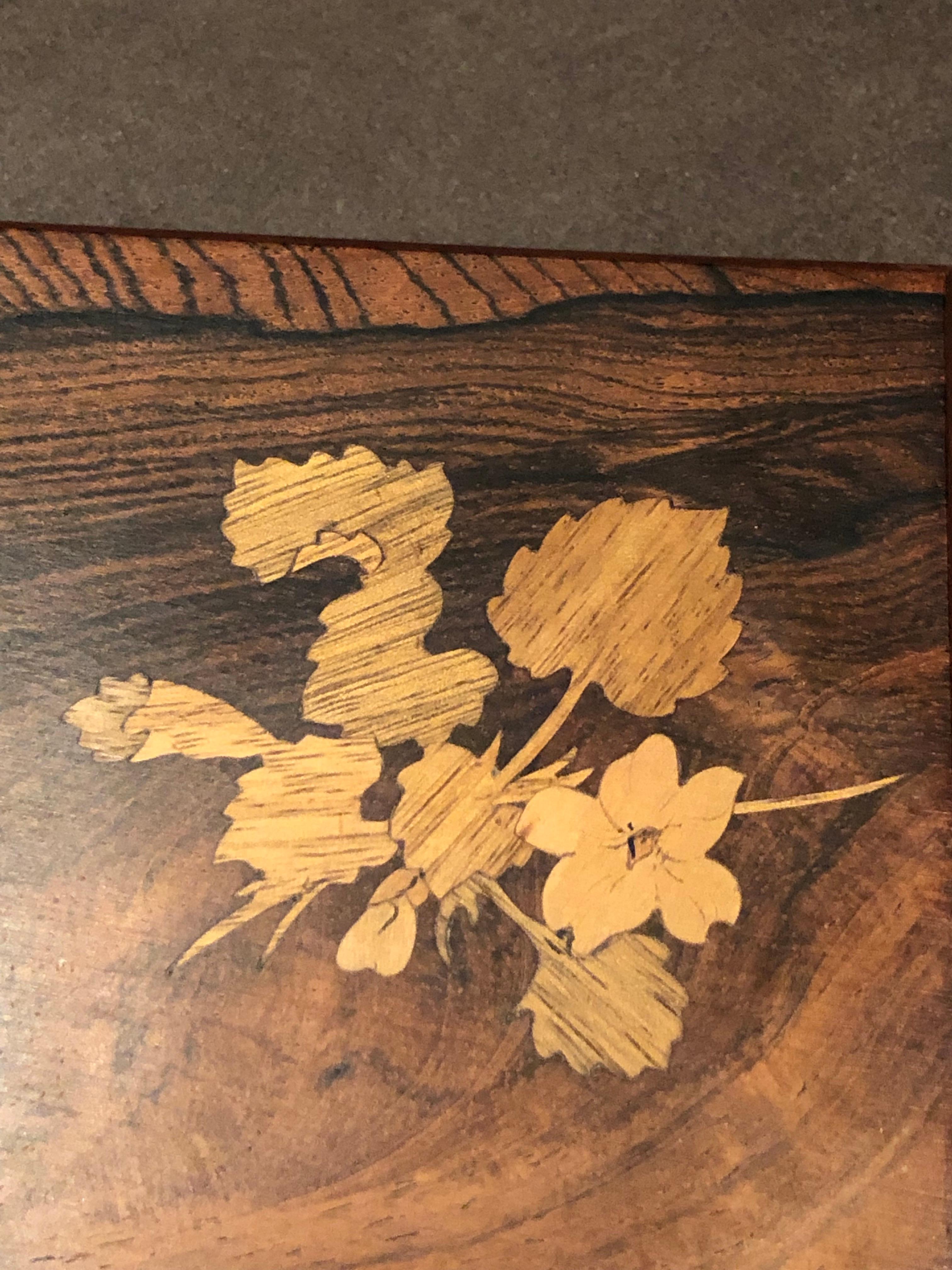French 1920 Emile Galle Wooden Box Flowers and Leaves Marquetry Wood