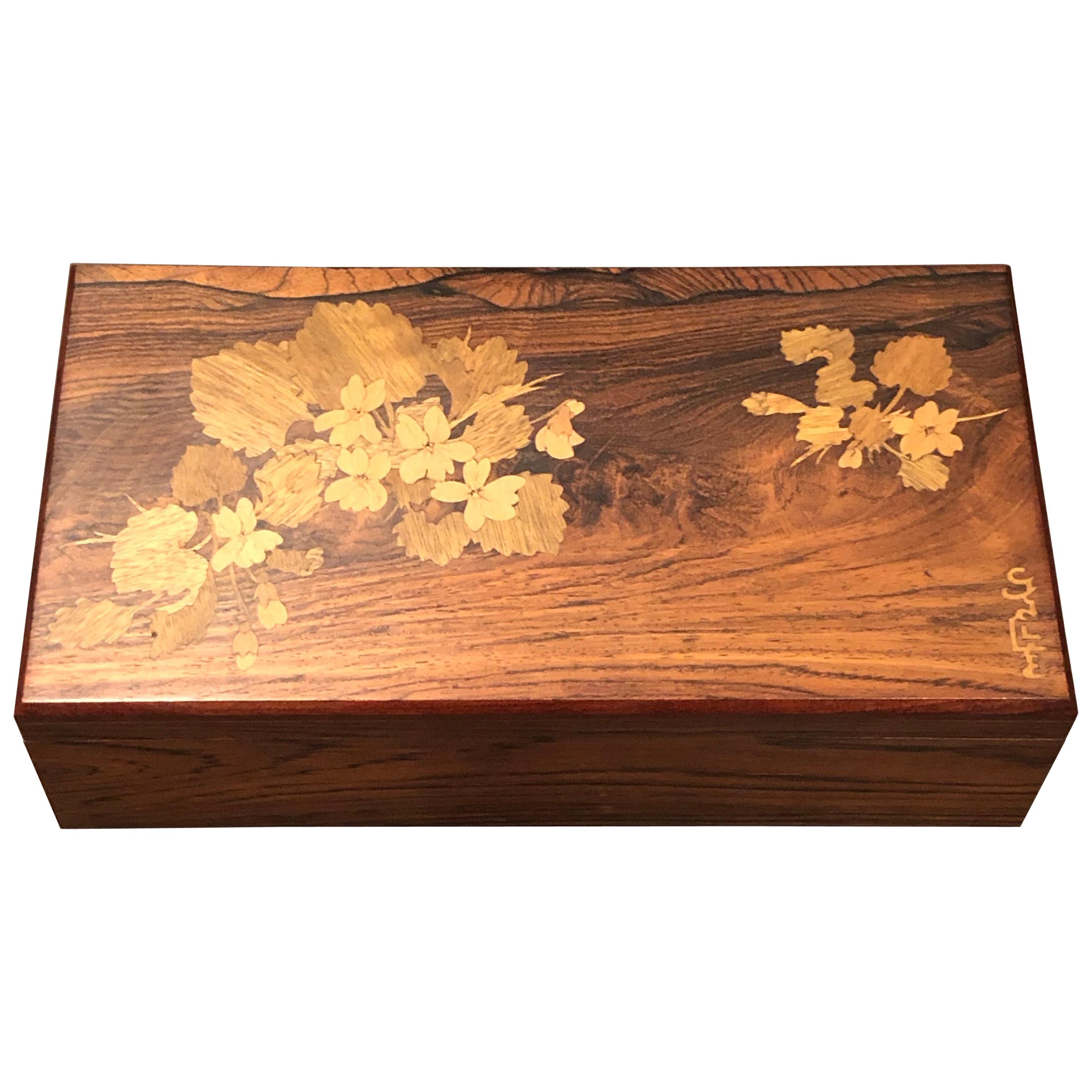 1920 Emile Galle Wooden Box Flowers and Leaves Marquetry Wood