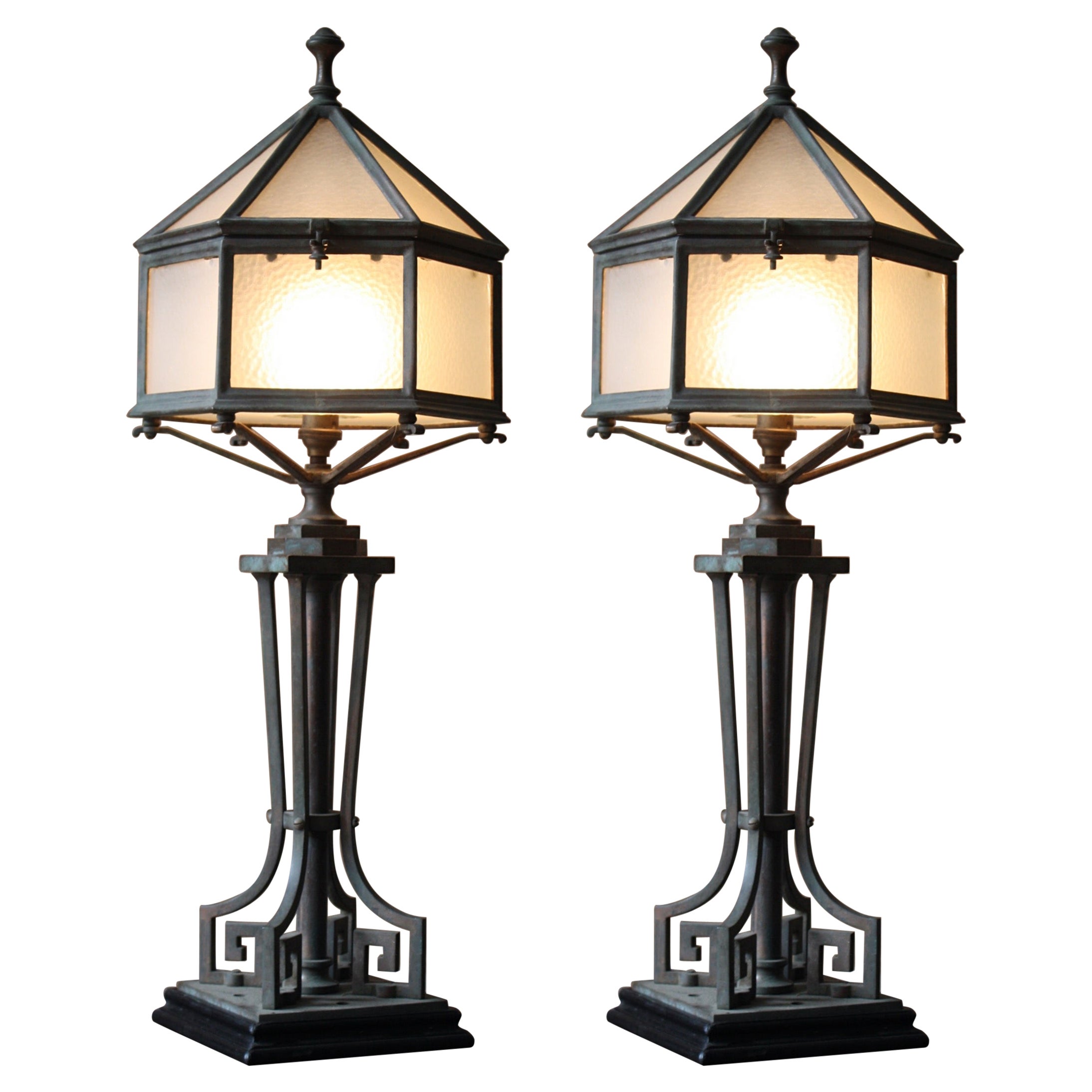 1920 English Art Deco Hexagonal Bronze Pier Lanterns 2 Pairs Available