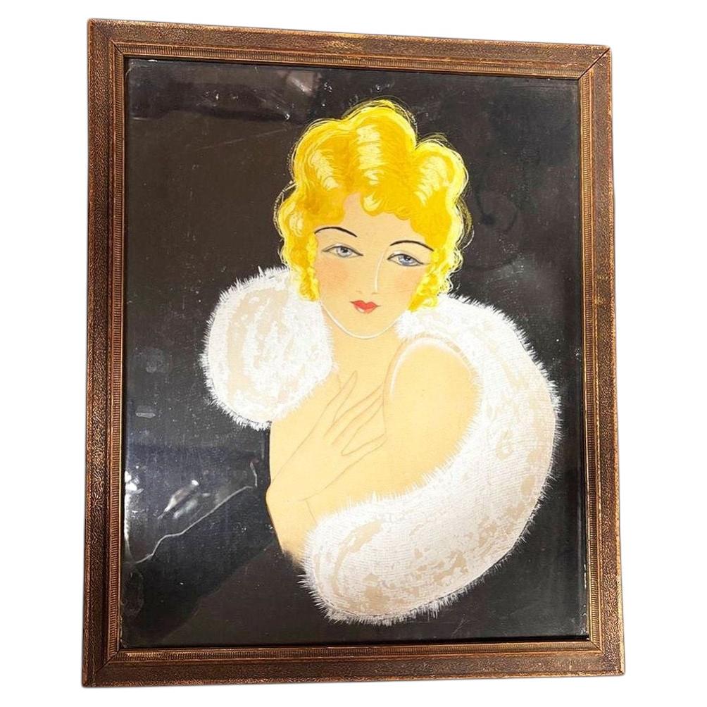 1920 Female Glamour Flapper Portrait Pastel on Black Paper, Framed For Sale