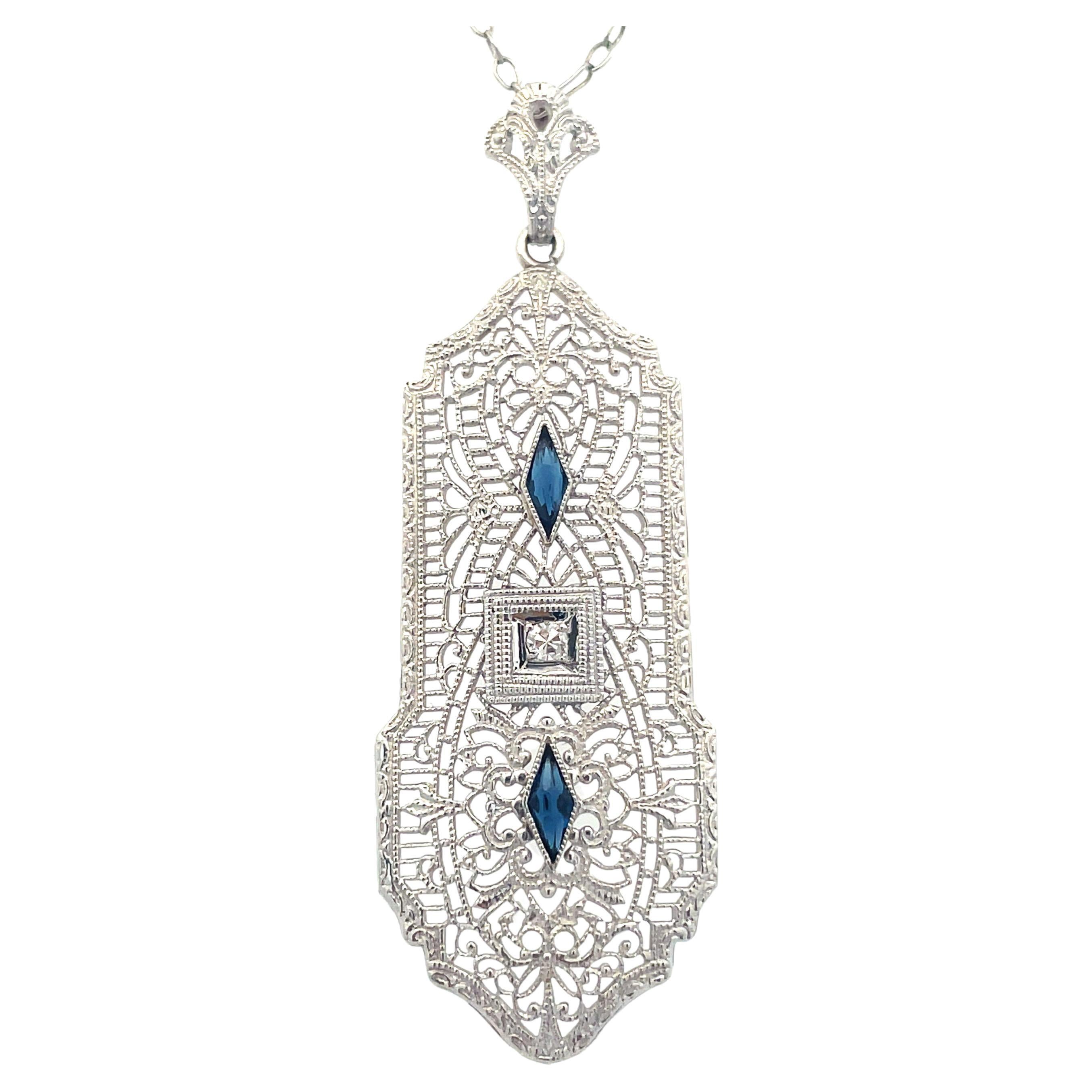 1920, Filigree 14K White Gold Diamond and Sapphire Pendant Necklace