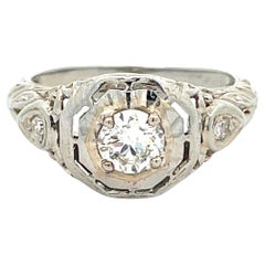 1920 Filigree 18K White Gold European Cut Diamond Engagement Ring