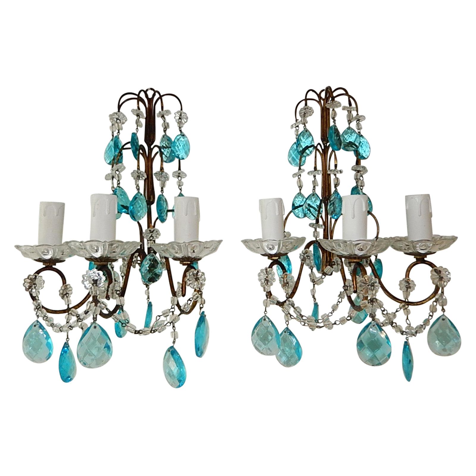 1920 French Aqua Blue Crystal Prisms and Swags Sconces