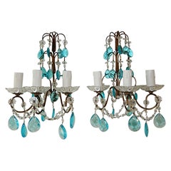 1920 French Aqua Blue Crystal Prisms and Swags Sconces