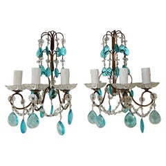 1920 French Aqua Blue Crystal Prisms and Swags Sconces