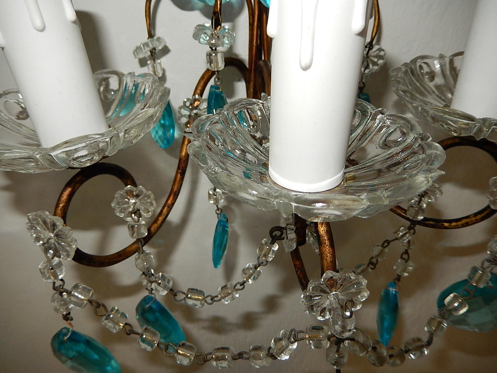 1920 French Aqua Blue Crystal Prisms and Swags Sconces For Sale 6