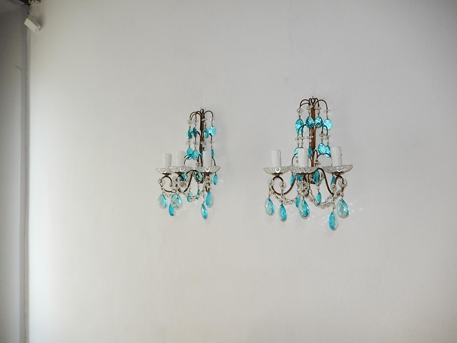 Early 20th Century 1920 French Aqua Blue Crystal Prisms and Swags Sconces For Sale