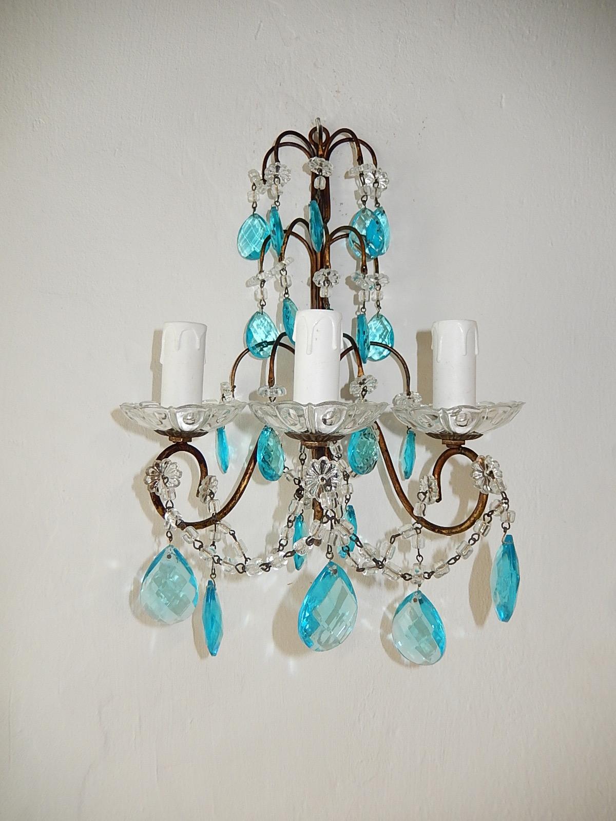 1920 French Aqua Blue Crystal Prisms and Swags Sconces For Sale 1