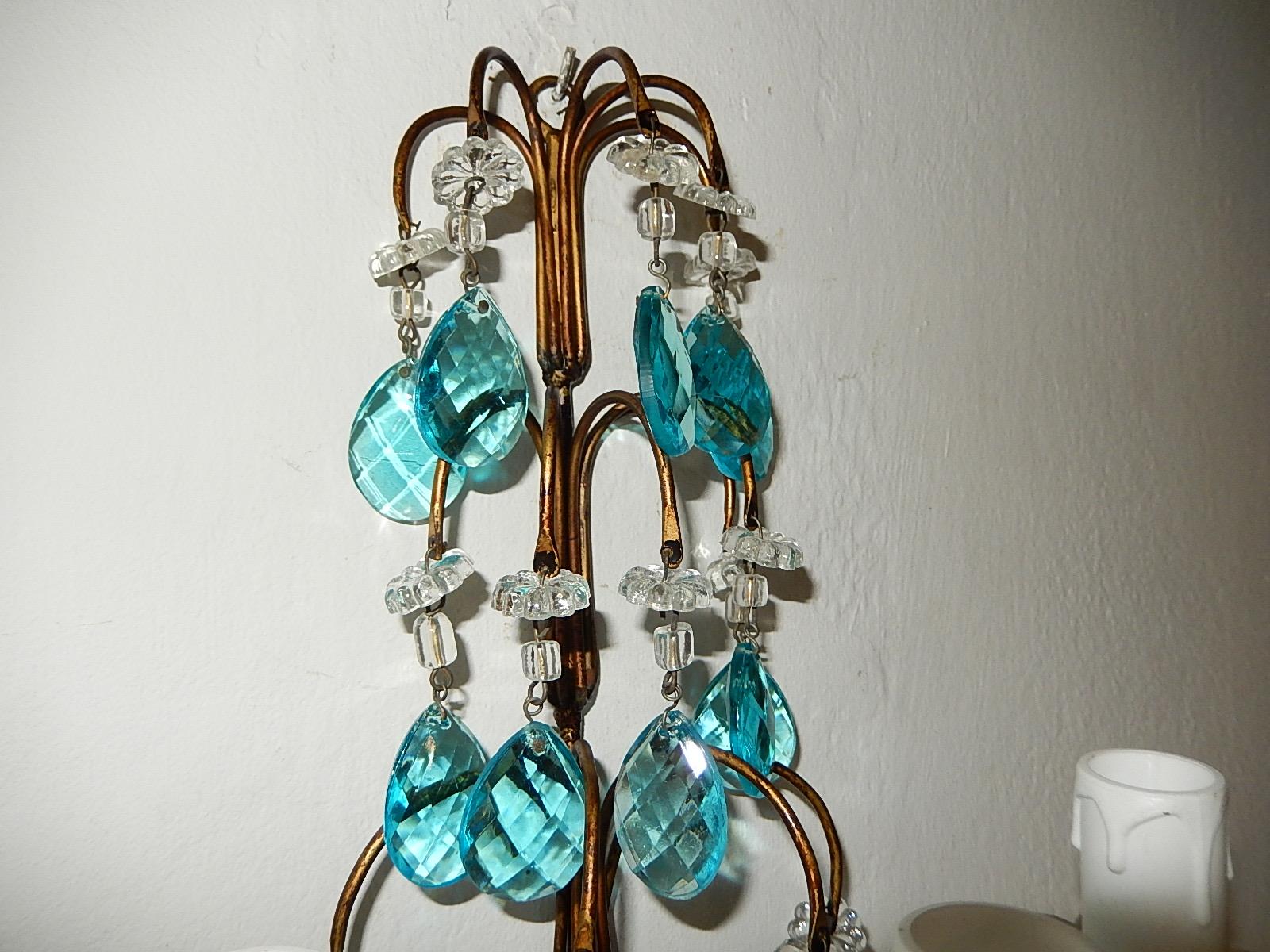 1920 French Aqua Blue Crystal Prisms and Swags Sconces For Sale 2