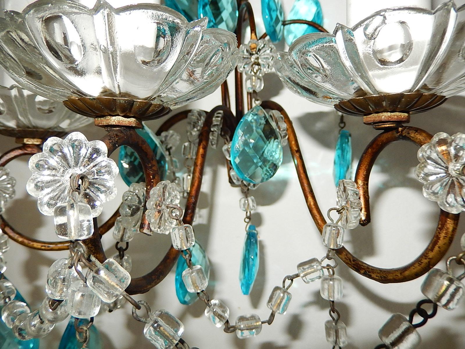 1920 French Aqua Blue Crystal Prisms and Swags Sconces For Sale 3
