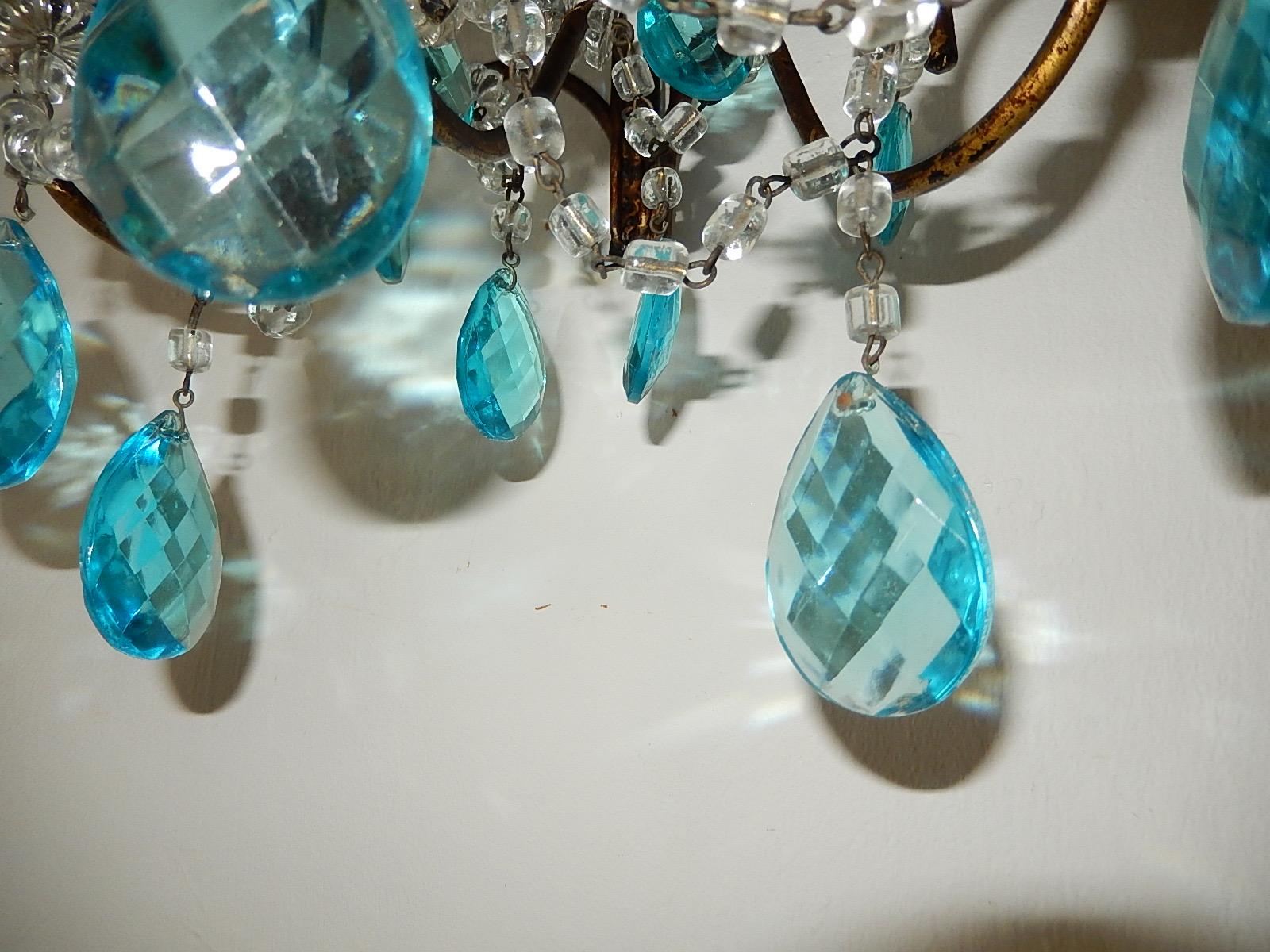 1920 French Aqua Blue Crystal Prisms and Swags Sconces For Sale 4