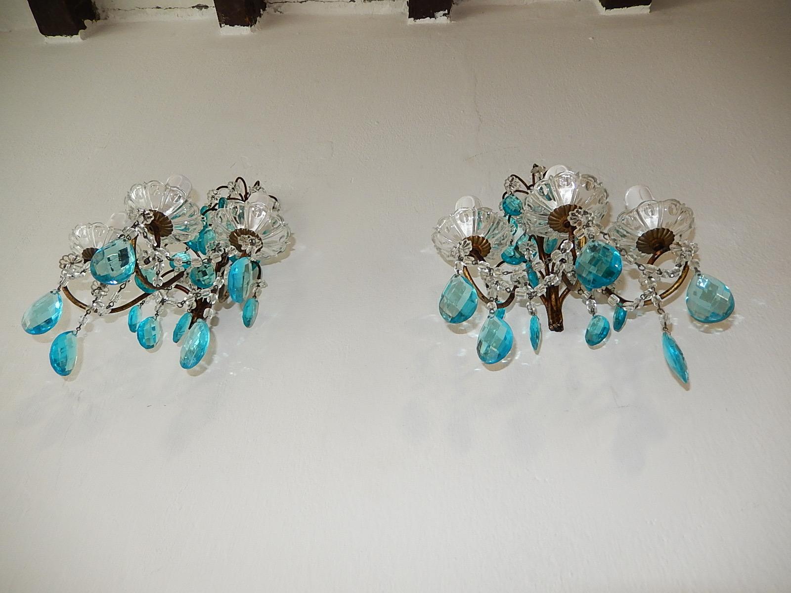 1920 French Aqua Blue Crystal Prisms and Swags Sconces For Sale 5
