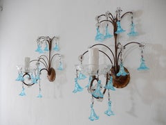 1920 French Aqua Blue Murano Bell Flowers and Crystal Prisms Sconces