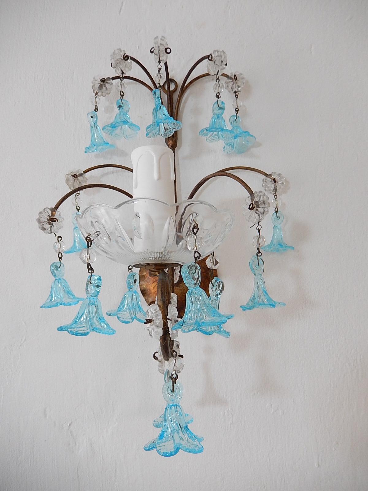 Early 20th Century 1920 French Aqua Blue Murano Bell Flowers and Crystal Prisms Sconces For Sale