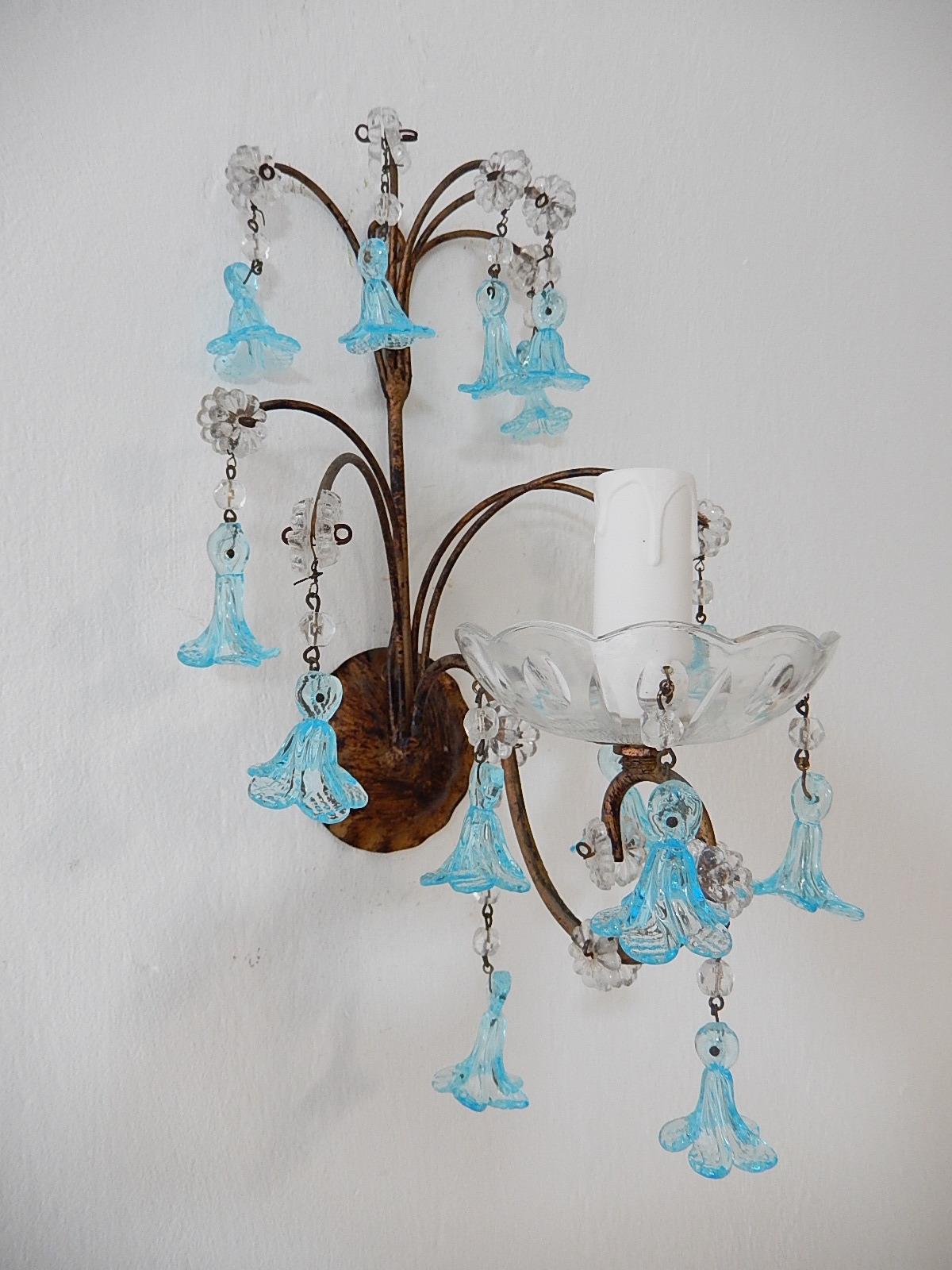 1920 French Aqua Blue Murano Bell Flowers and Crystal Prisms Sconces For Sale 1