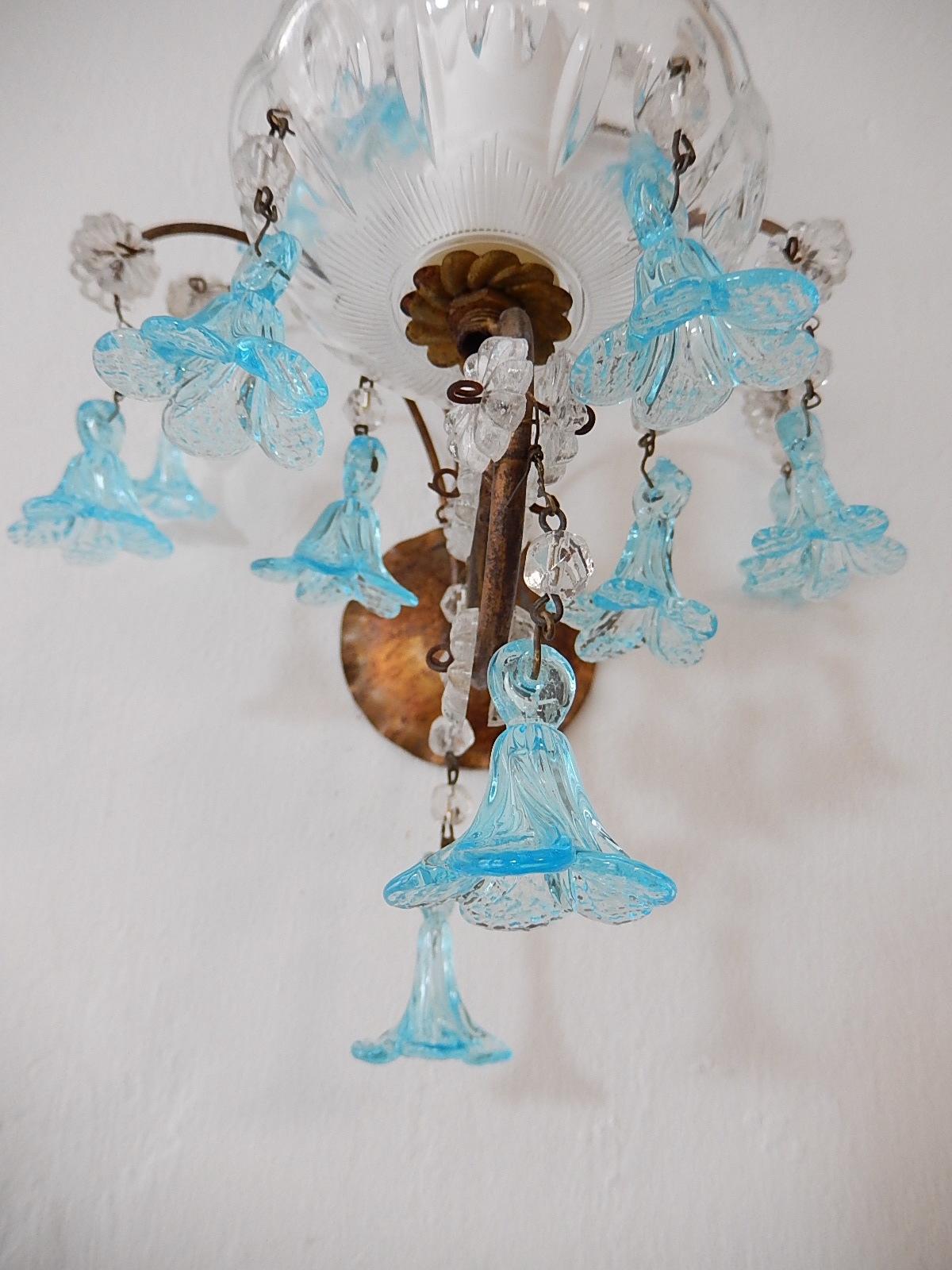 1920 French Aqua Blue Murano Bell Flowers and Crystal Prisms Sconces For Sale 3