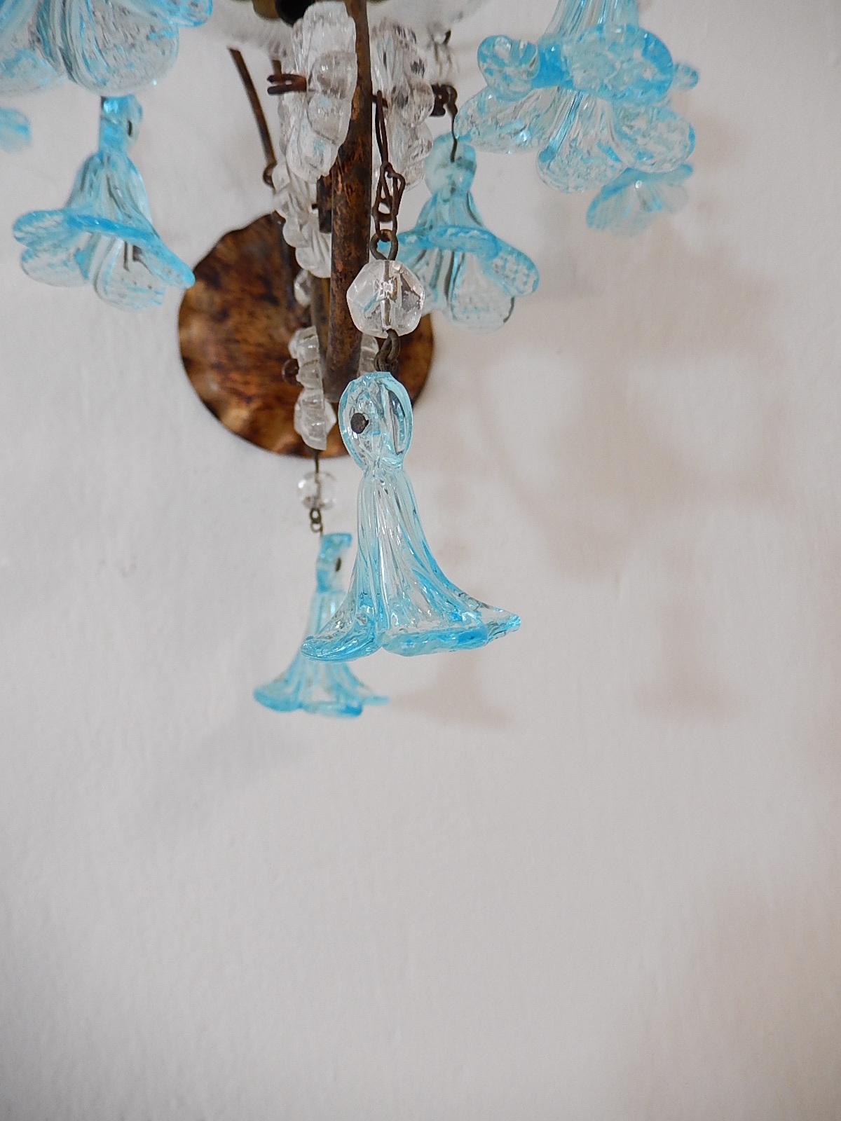 1920 French Aqua Blue Murano Bell Flowers and Crystal Prisms Sconces For Sale 4