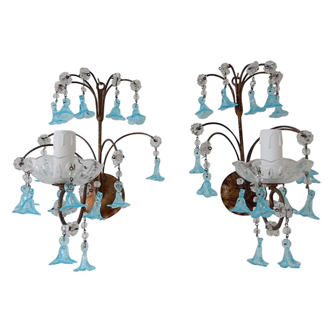 1920 Lámpara francesa de Murano azul aguamarina con flores y prismas de cristal