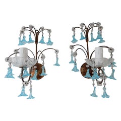 1920 French Aqua Blue Murano Bell Flowers and Crystal Prisms Sconces