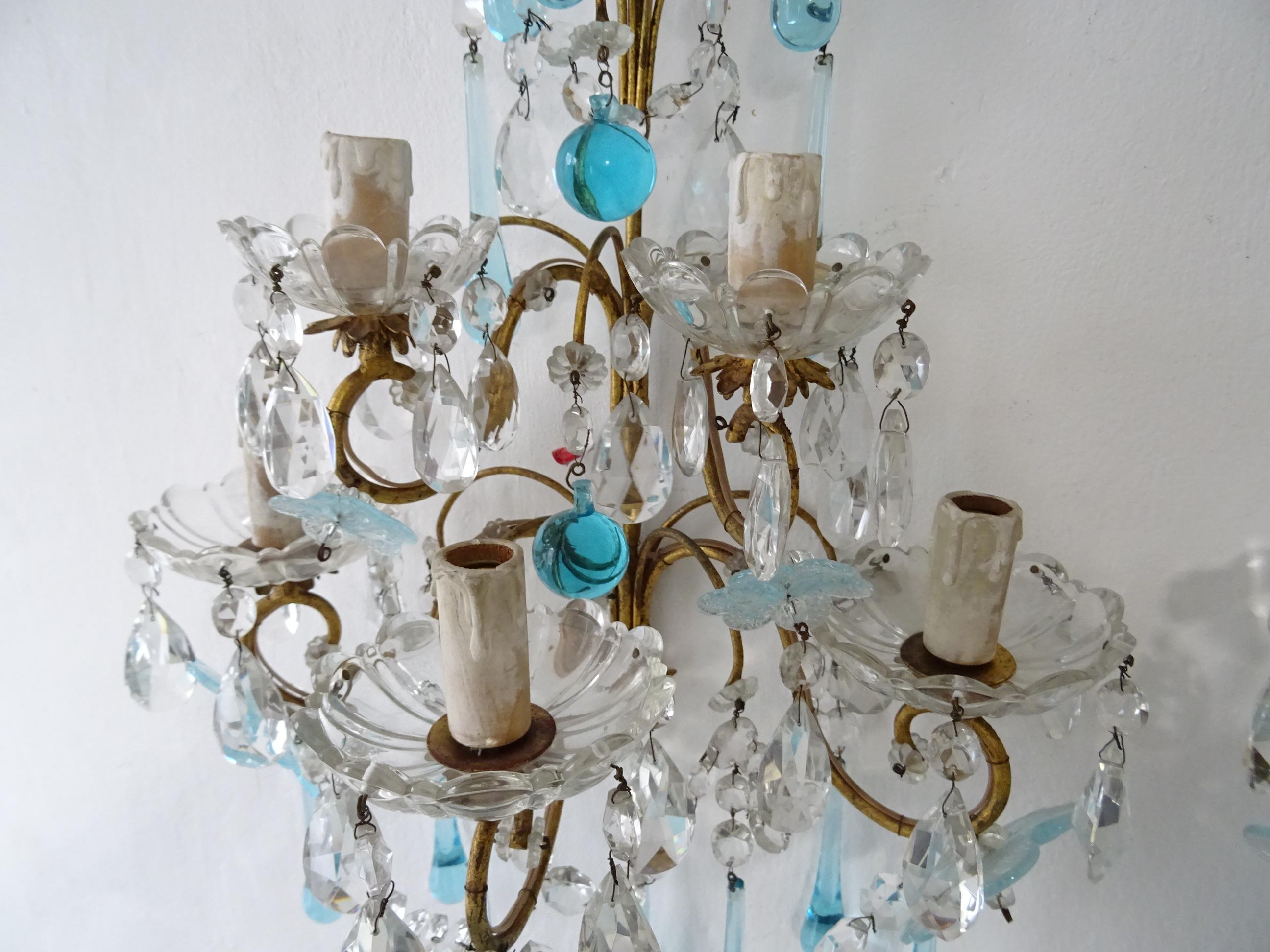 1920 French Aqua Blue Murano Flowers Drops and Crystal Prisms Spears Sconces Big 6