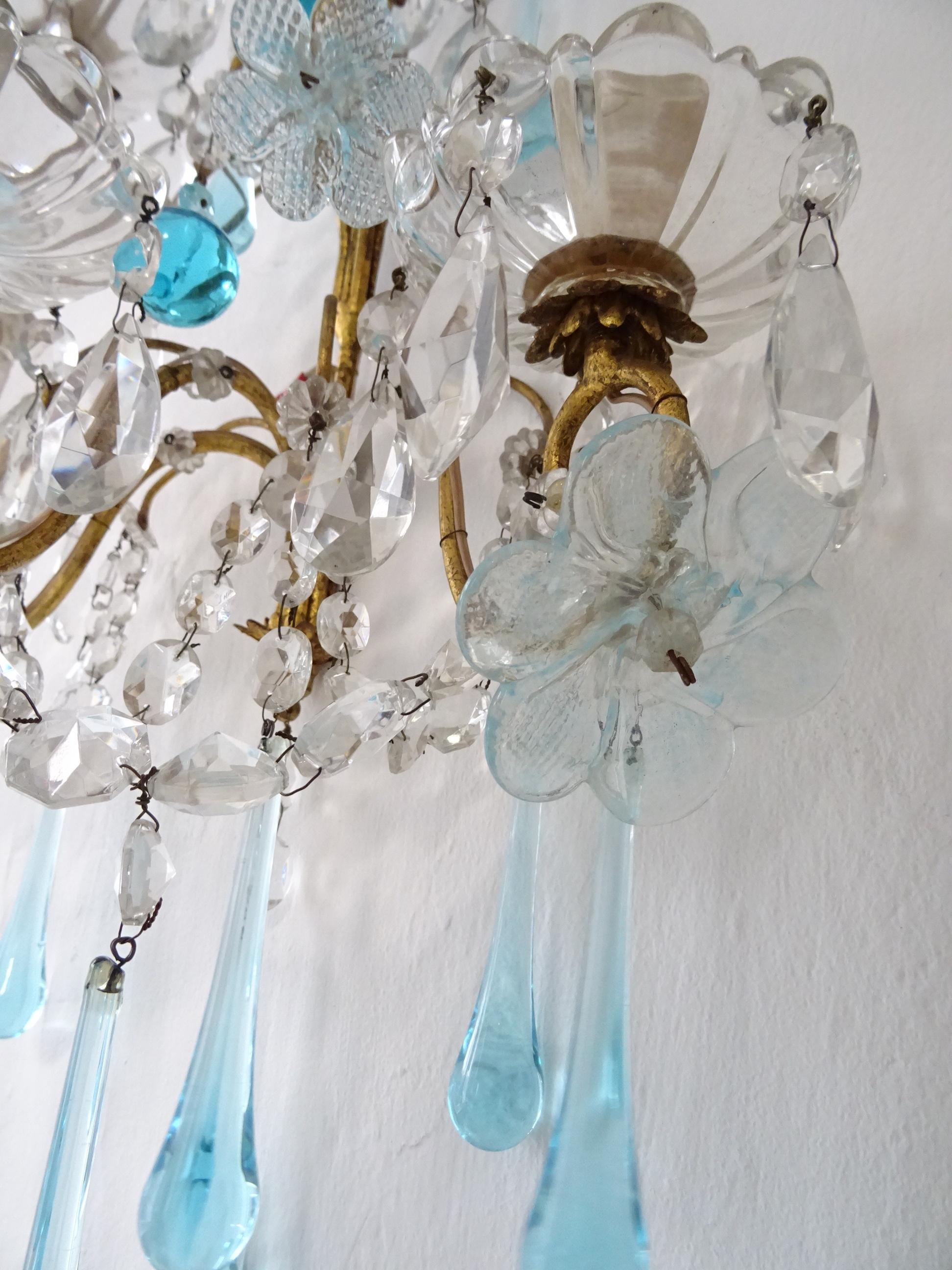 1920 French Aqua Blue Murano Flowers Drops and Crystal Prisms Spears Sconces Big 7