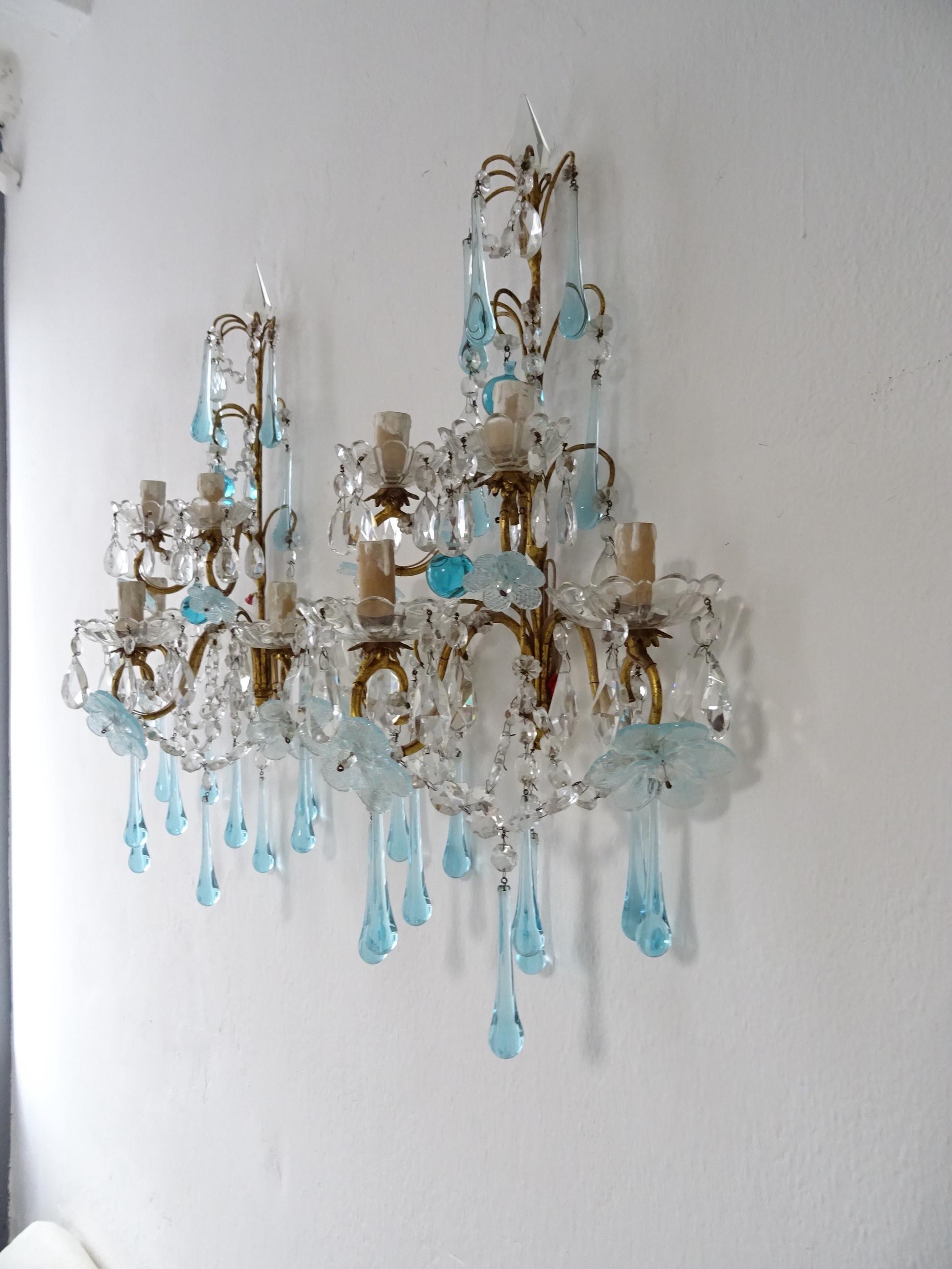 1920 French Aqua Blue Murano Flowers Drops and Crystal Prisms Spears Sconces Big In Good Condition In Firenze, Toscana