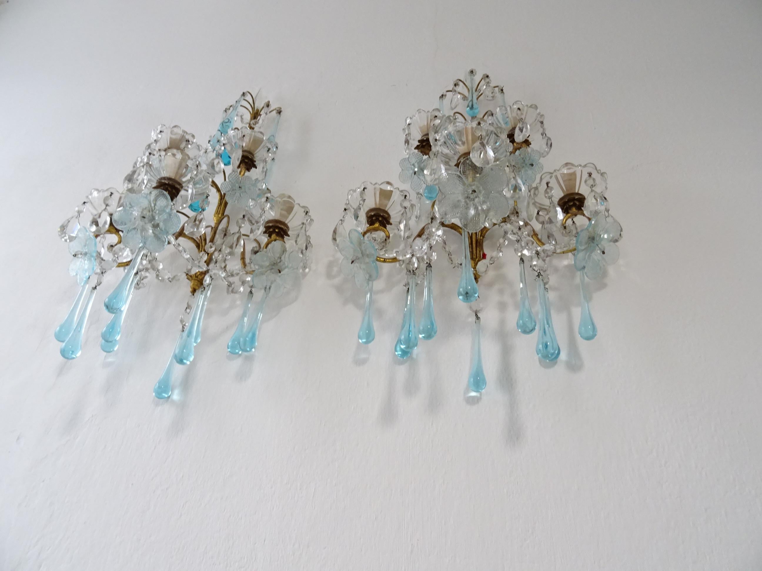 Early 20th Century 1920 French Aqua Blue Murano Flowers Drops and Crystal Prisms Spears Sconces Big