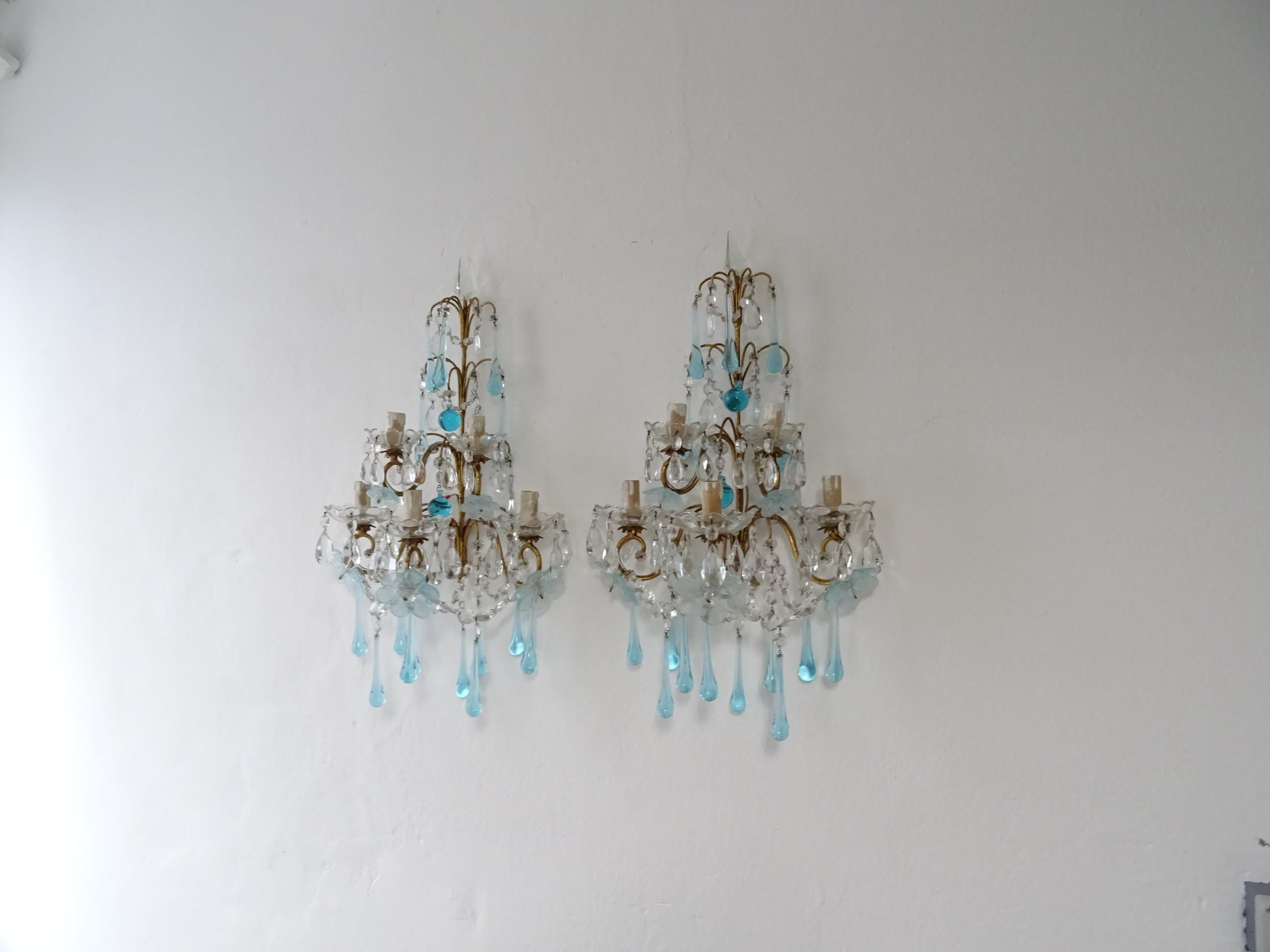 1920 French Aqua Blue Murano Flowers Drops and Crystal Prisms Spears Sconces Big 1