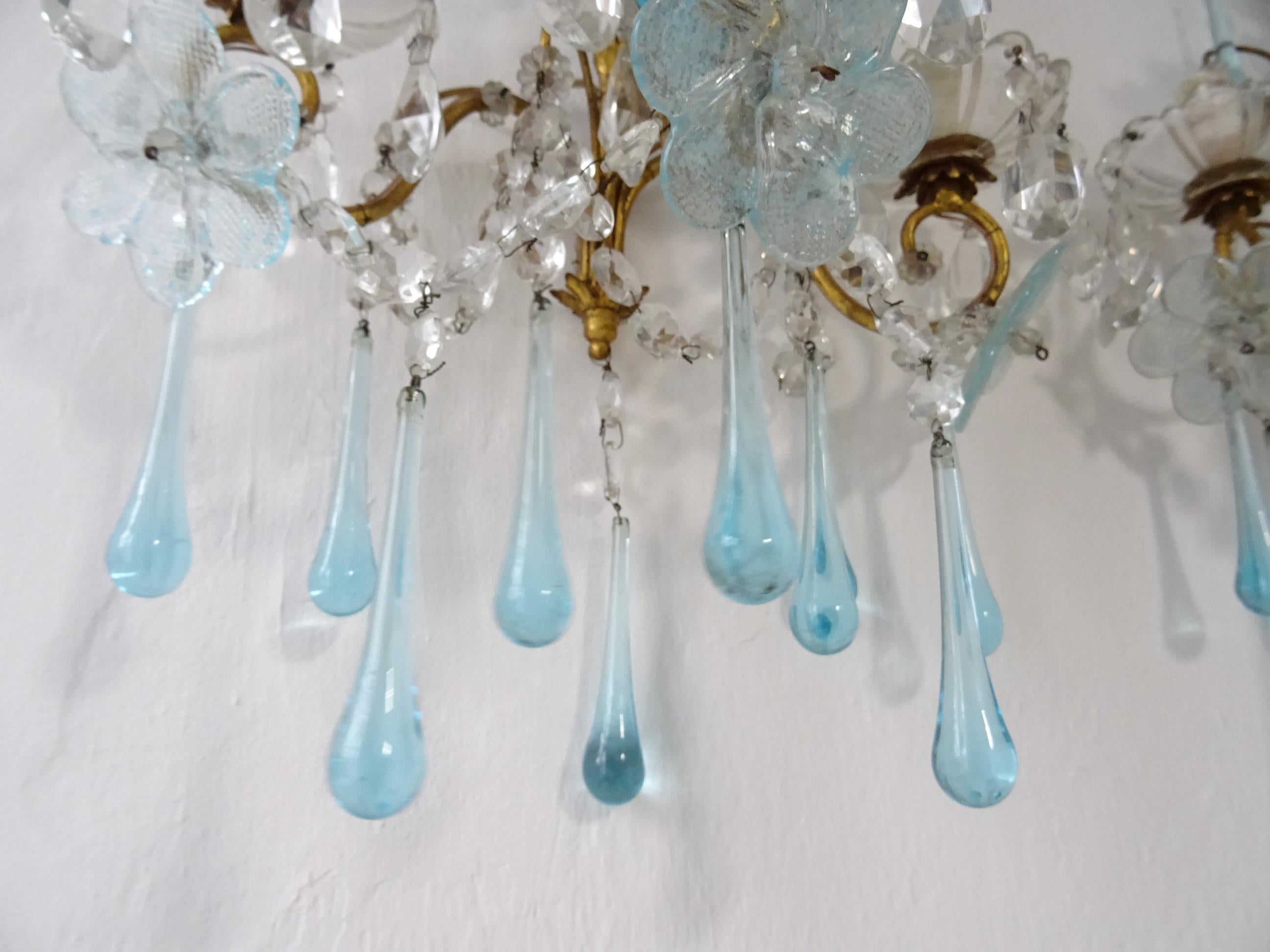 1920 French Aqua Blue Murano Flowers Drops and Crystal Prisms Spears Sconces Big 3