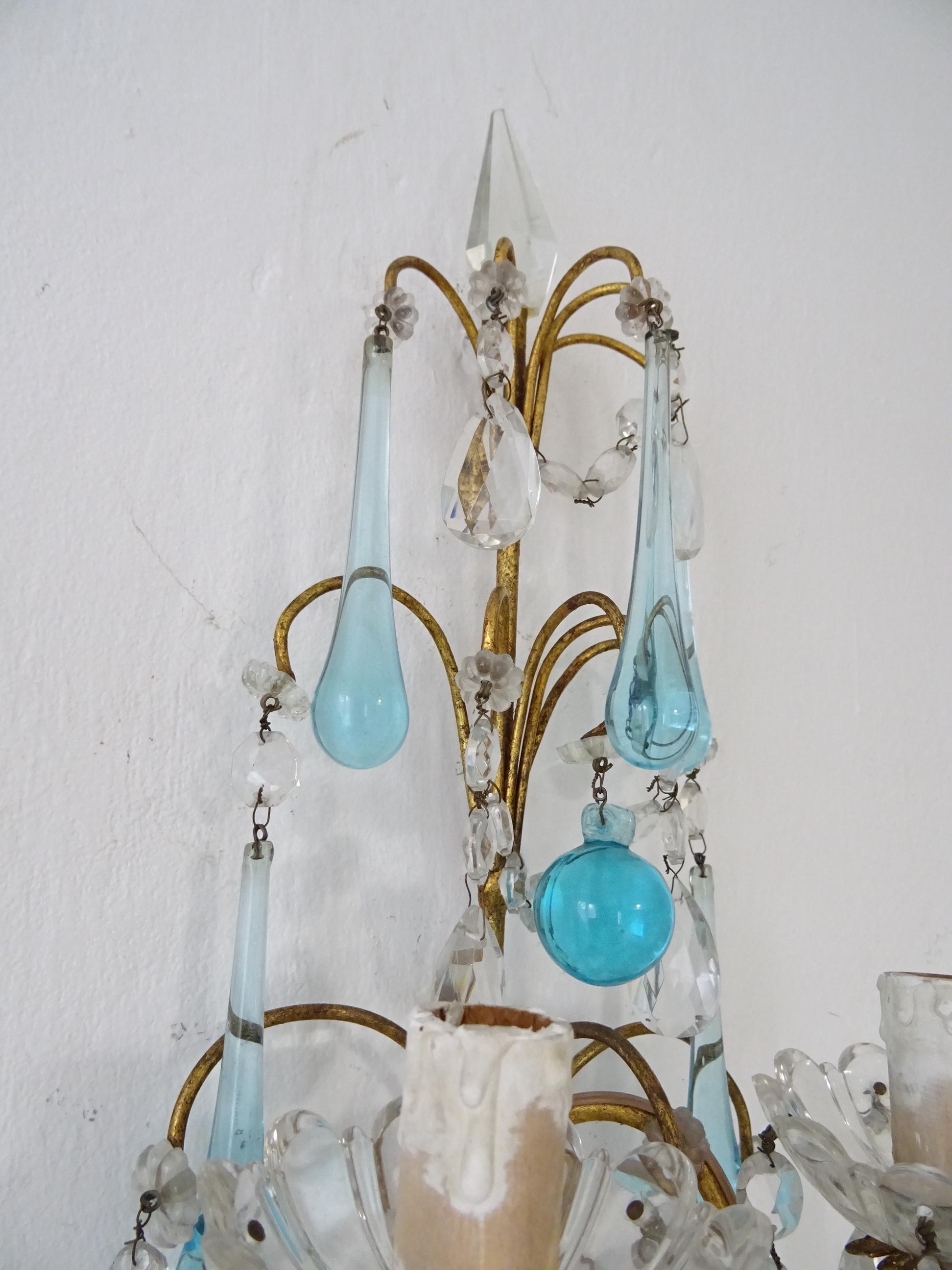 1920 French Aqua Blue Murano Flowers Drops and Crystal Prisms Spears Sconces Big 4