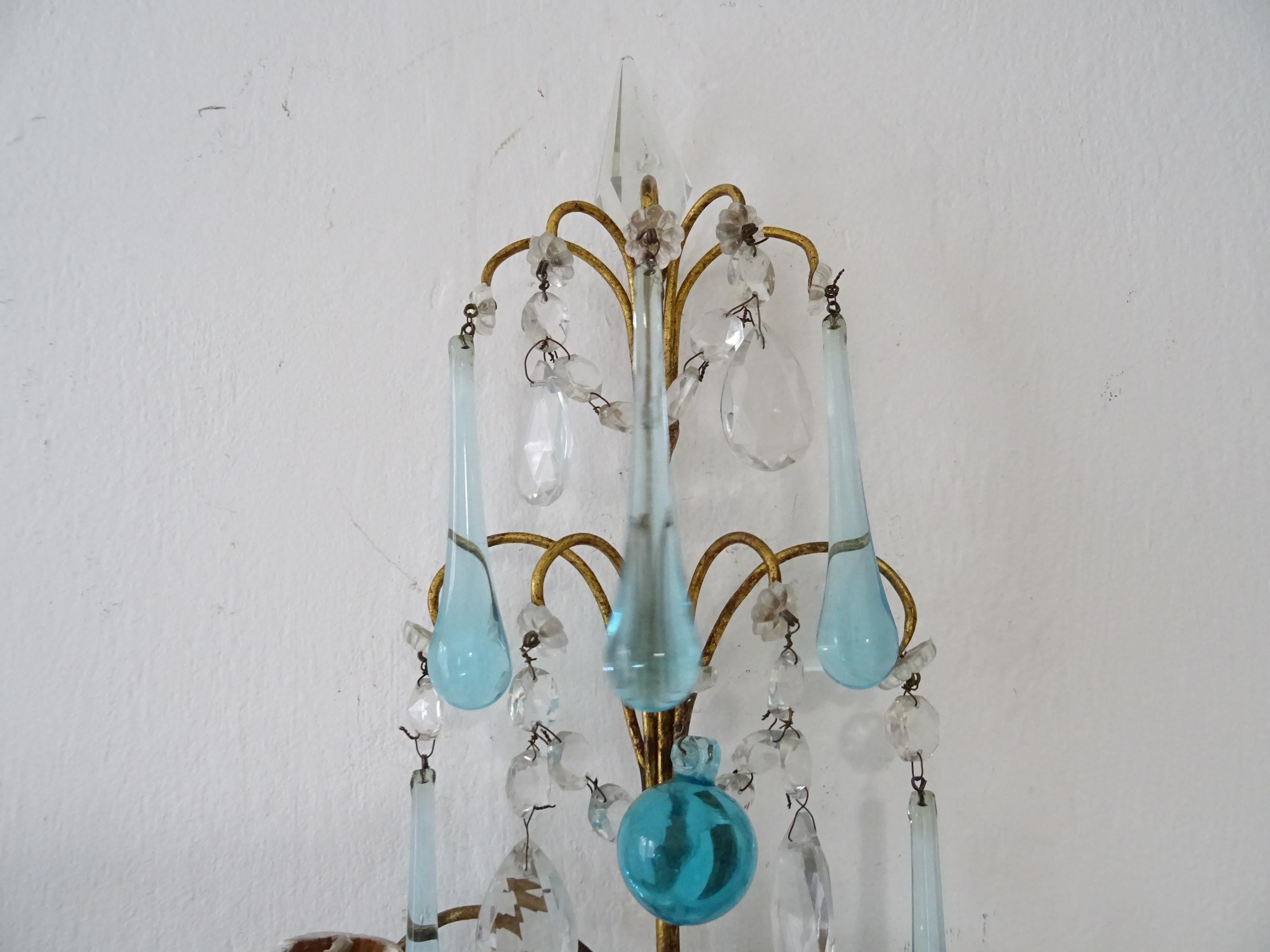 1920 French Aqua Blue Murano Flowers Drops and Crystal Prisms Spears Sconces Big 5
