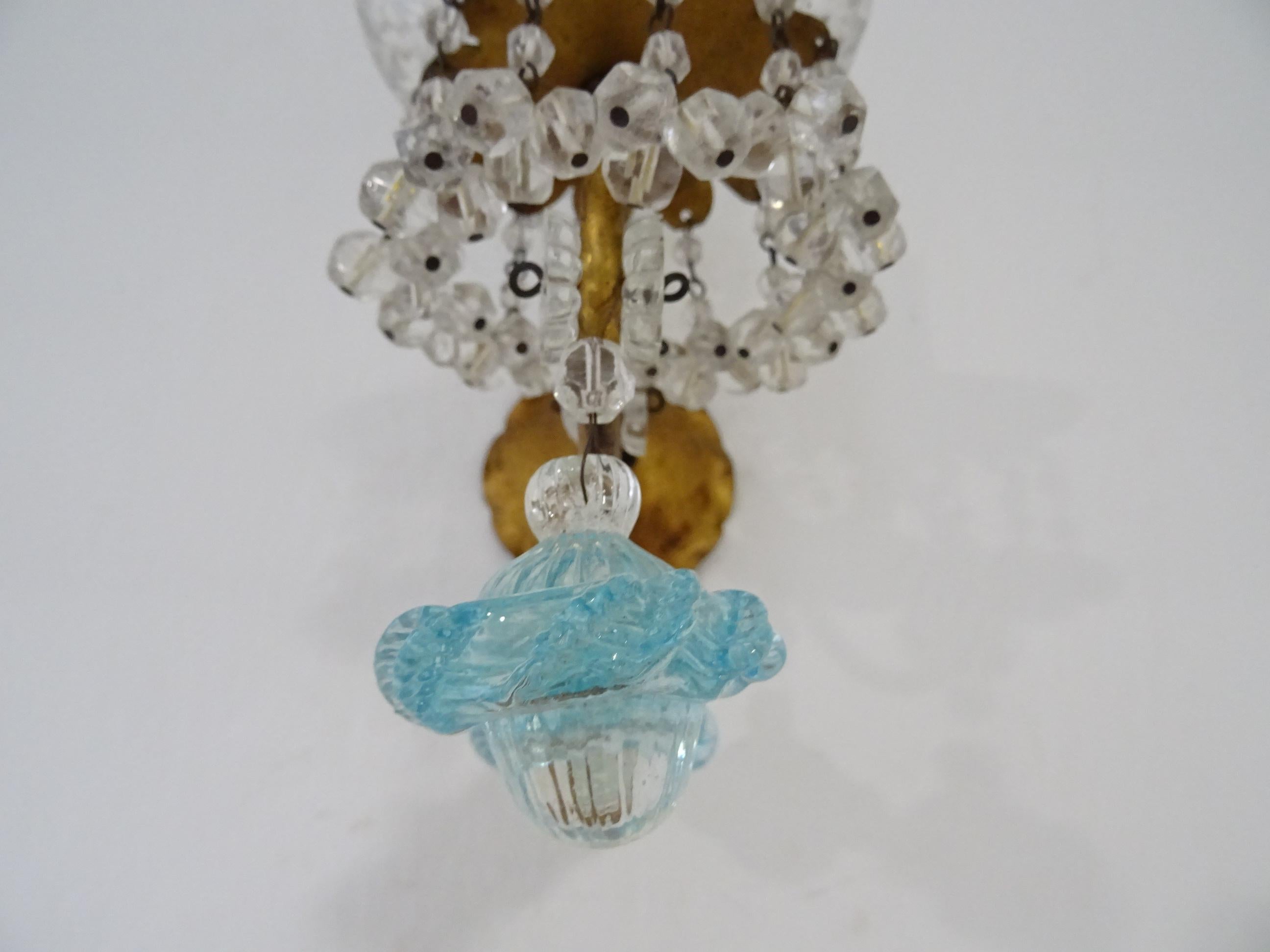 1920, French, Aqua Blue Murano Ribbon Balls and Crystal Sconces For Sale 6