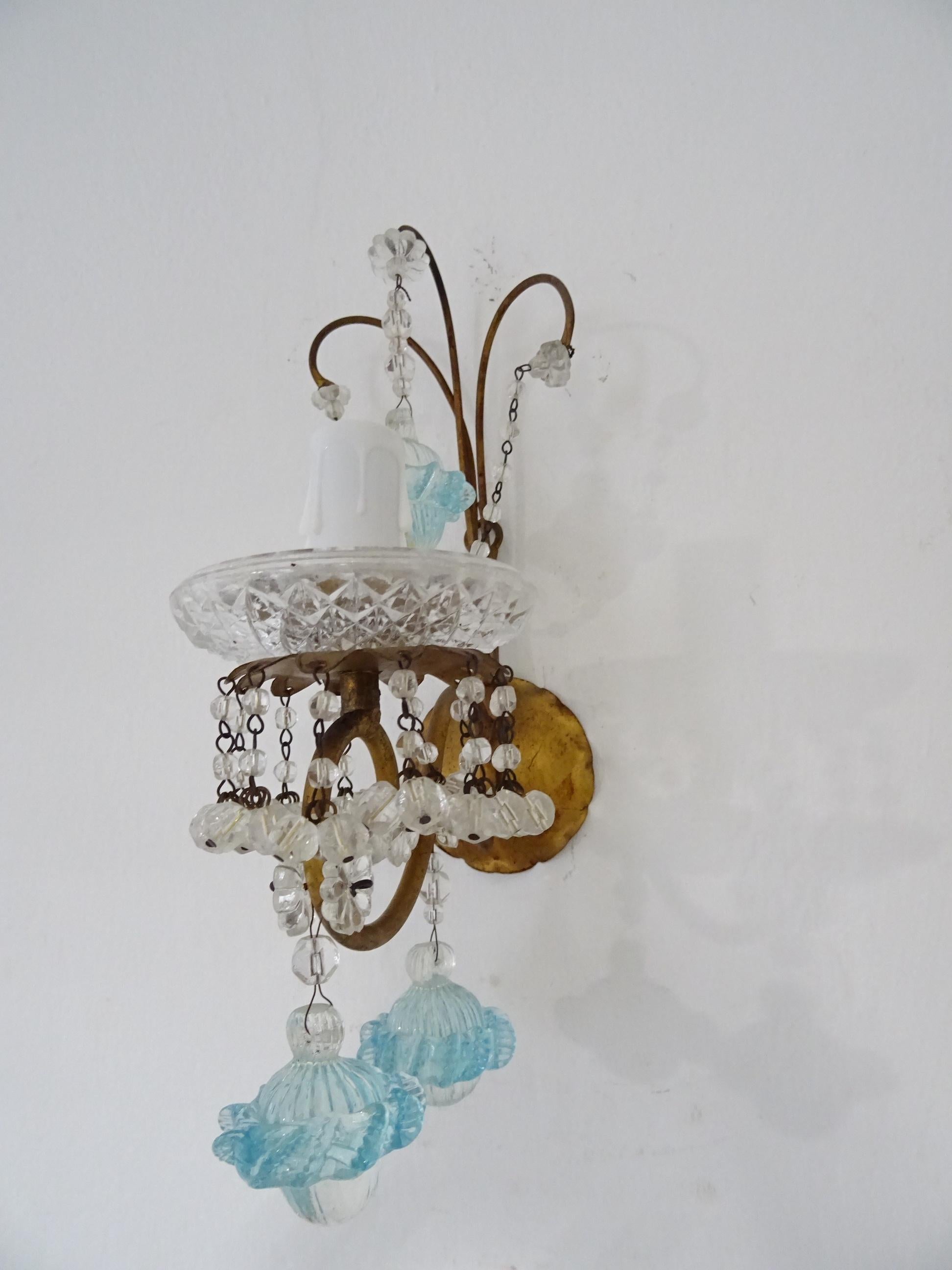 Early 20th Century 1920, French, Aqua Blue Murano Ribbon Balls and Crystal Sconces For Sale