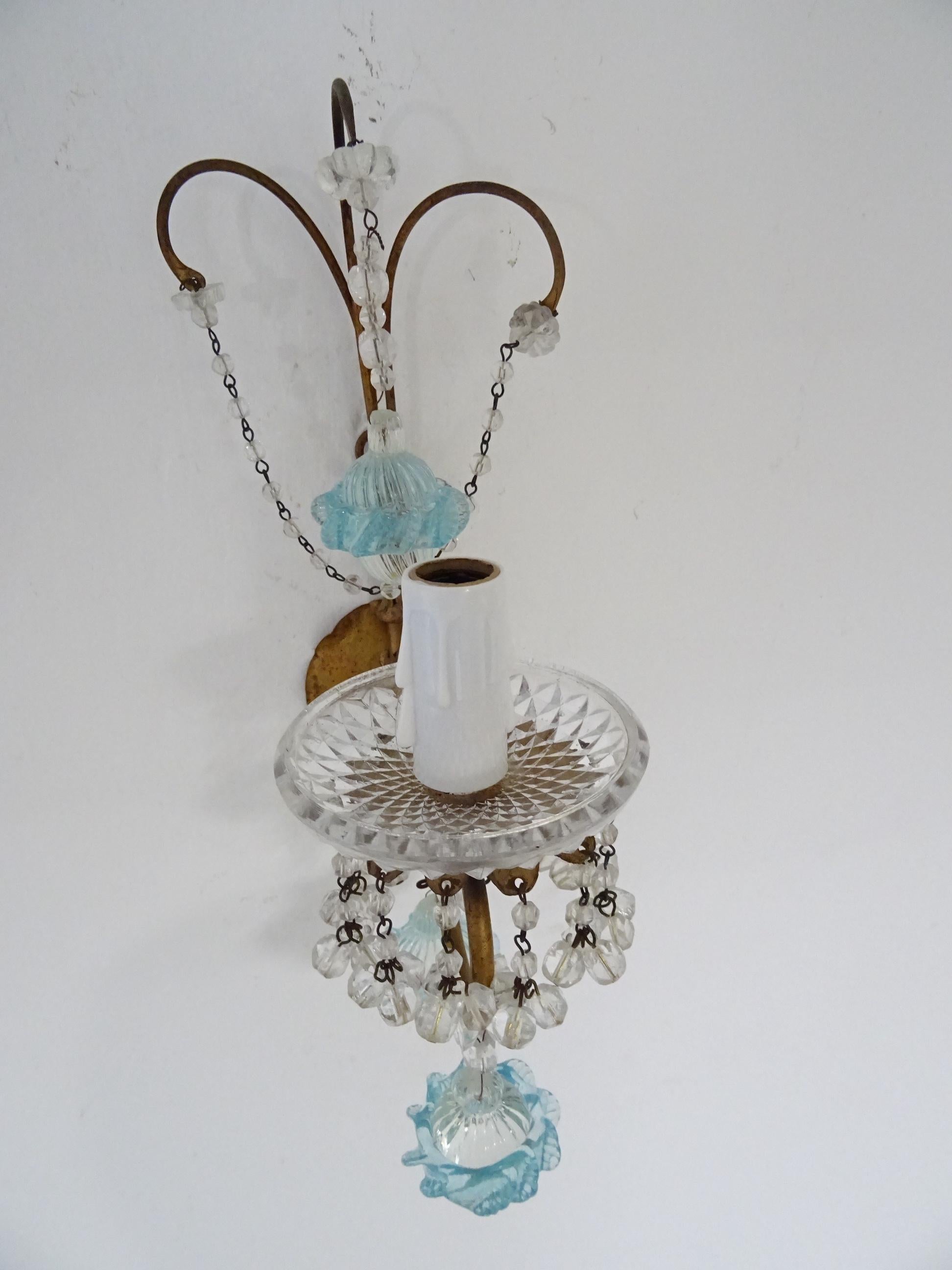 1920, French, Aqua Blue Murano Ribbon Balls and Crystal Sconces For Sale 5