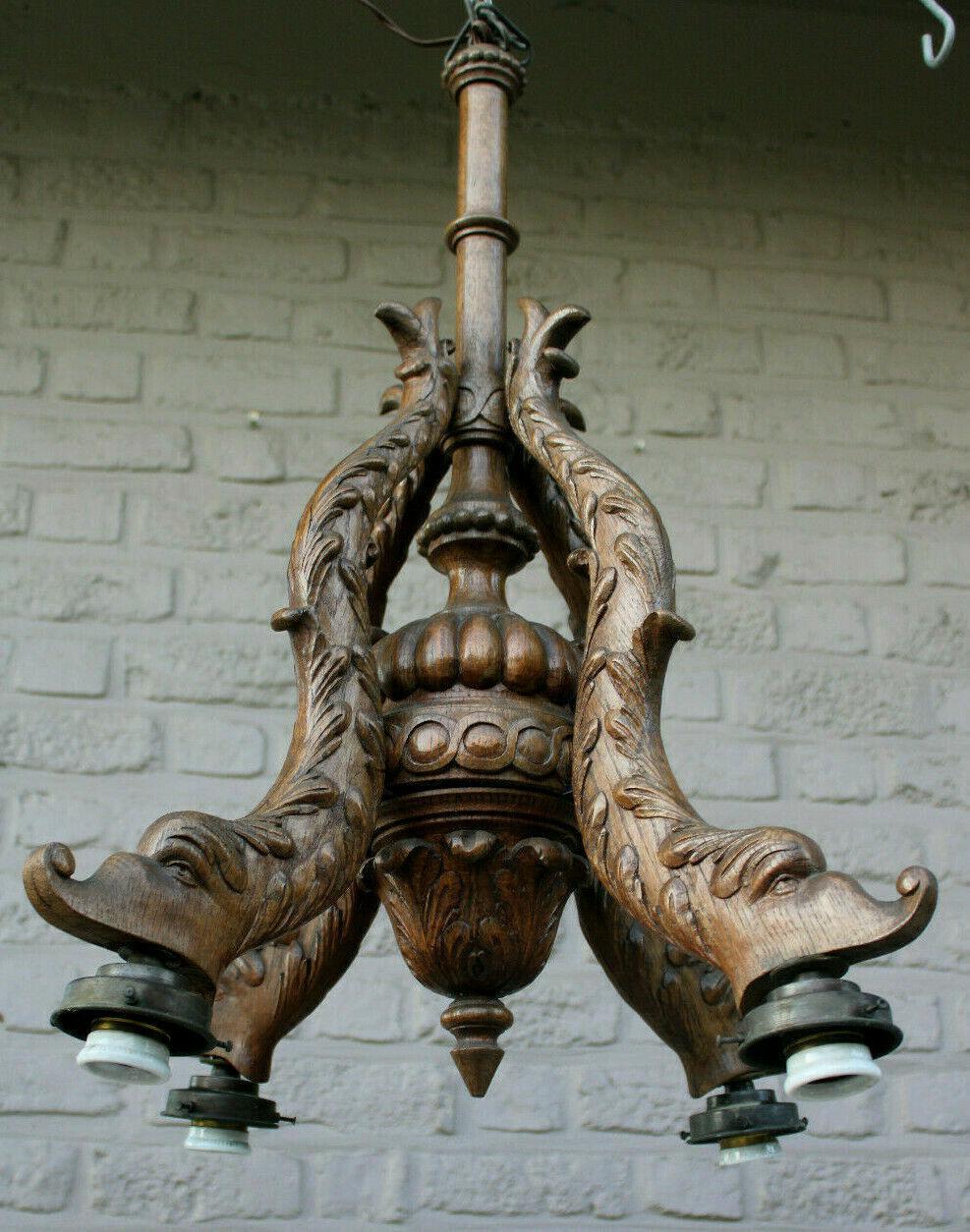 1920 French Art Deco Carved Wood Dolphin/ Koi / Sea Creature 4 Fish Chandelier For Sale 3