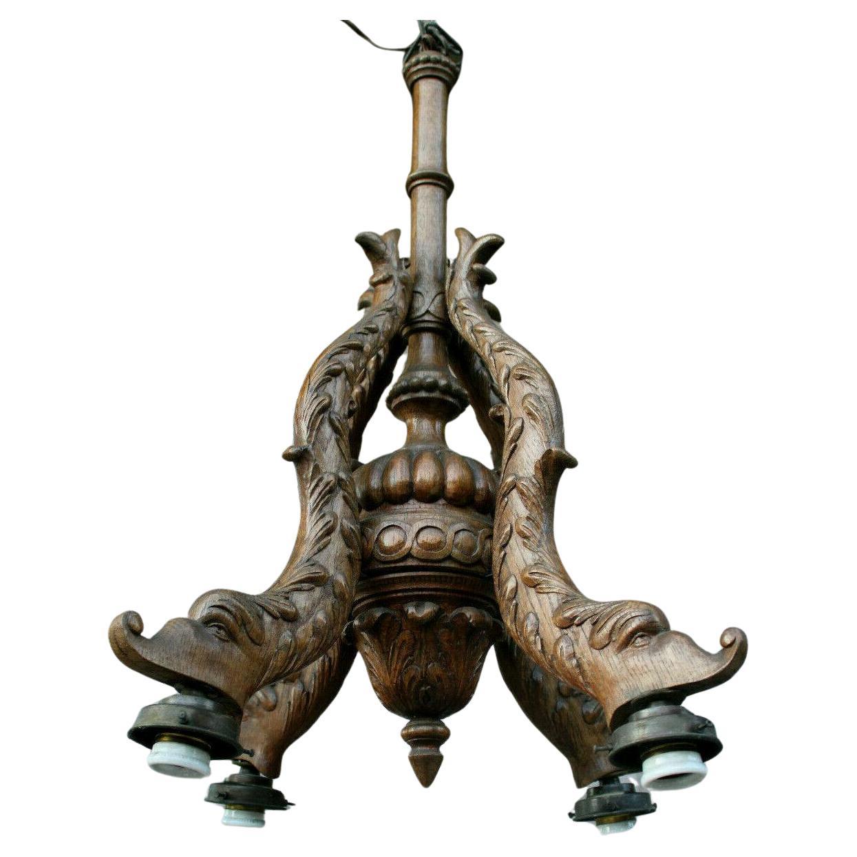 1920 French Art Deco Carved Wood Dolphin/ Koi / Sea Creature 4 Fish Chandelier For Sale