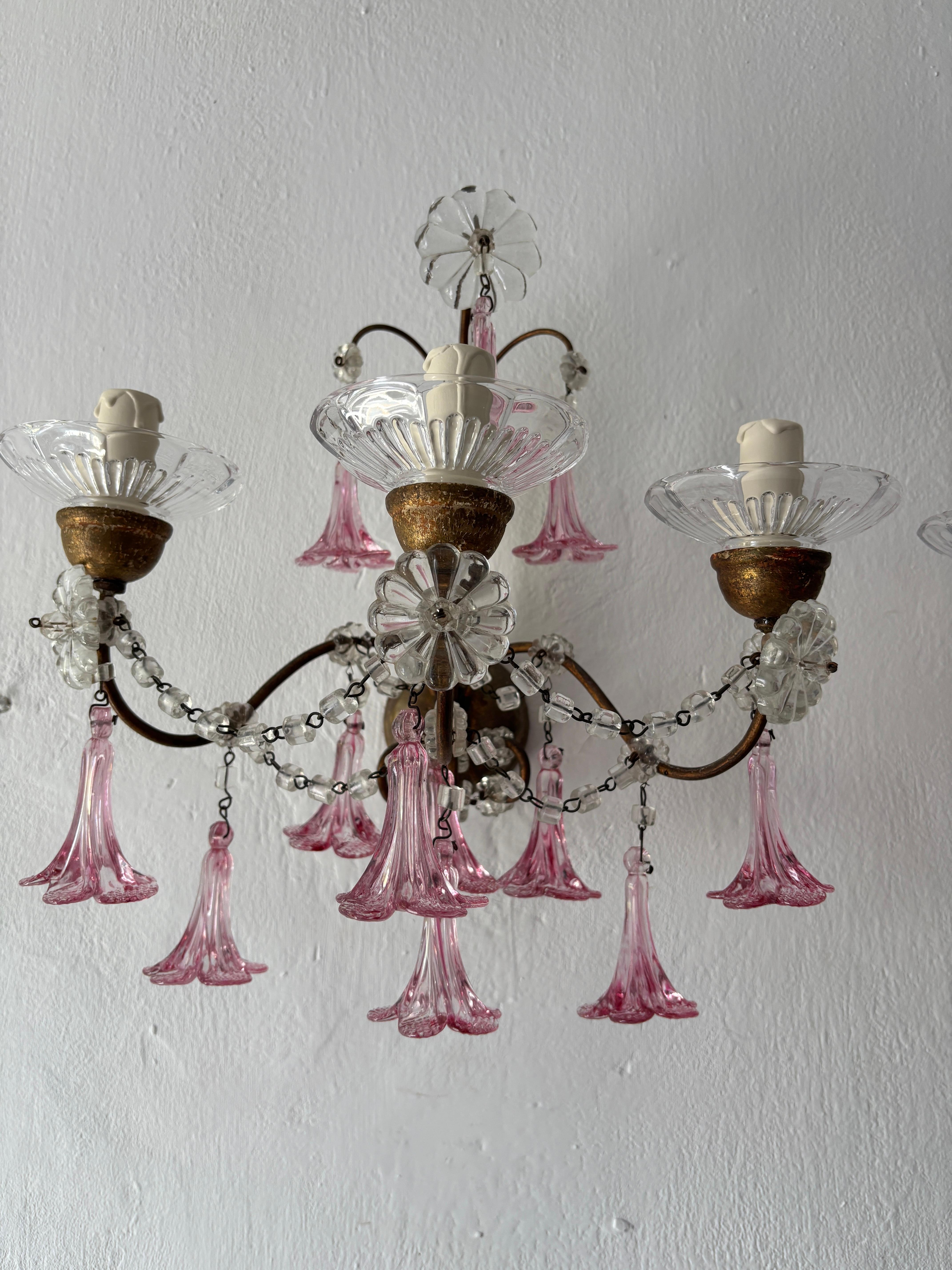 1920 French Baroque Pink Murano Drops 3 Lights Gilt Wood Micro Beaded Sconces For Sale 5