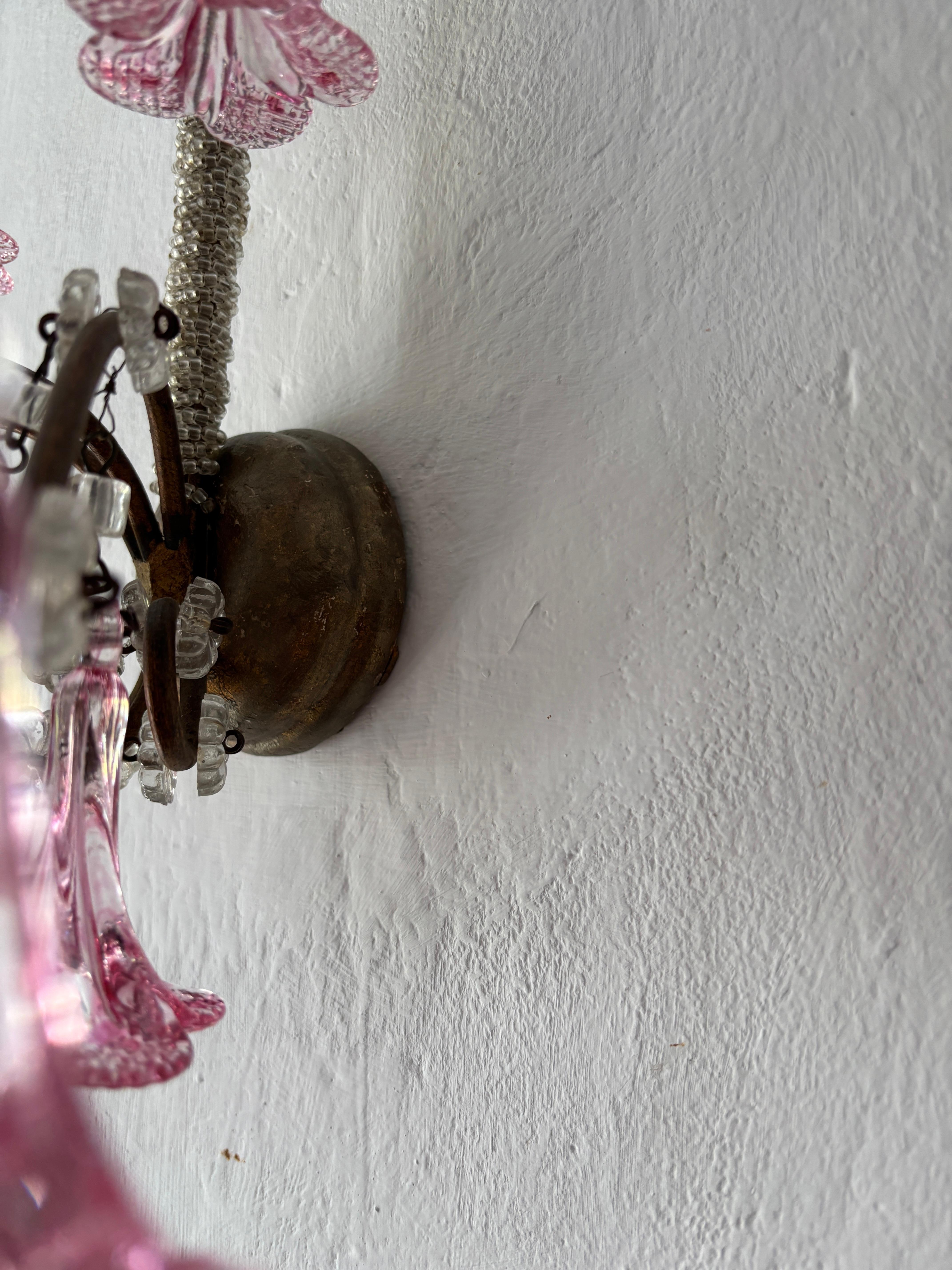 1920 French Baroque Pink Murano Drops 3 Lights Gilt Wood Micro Beaded Sconces For Sale 6