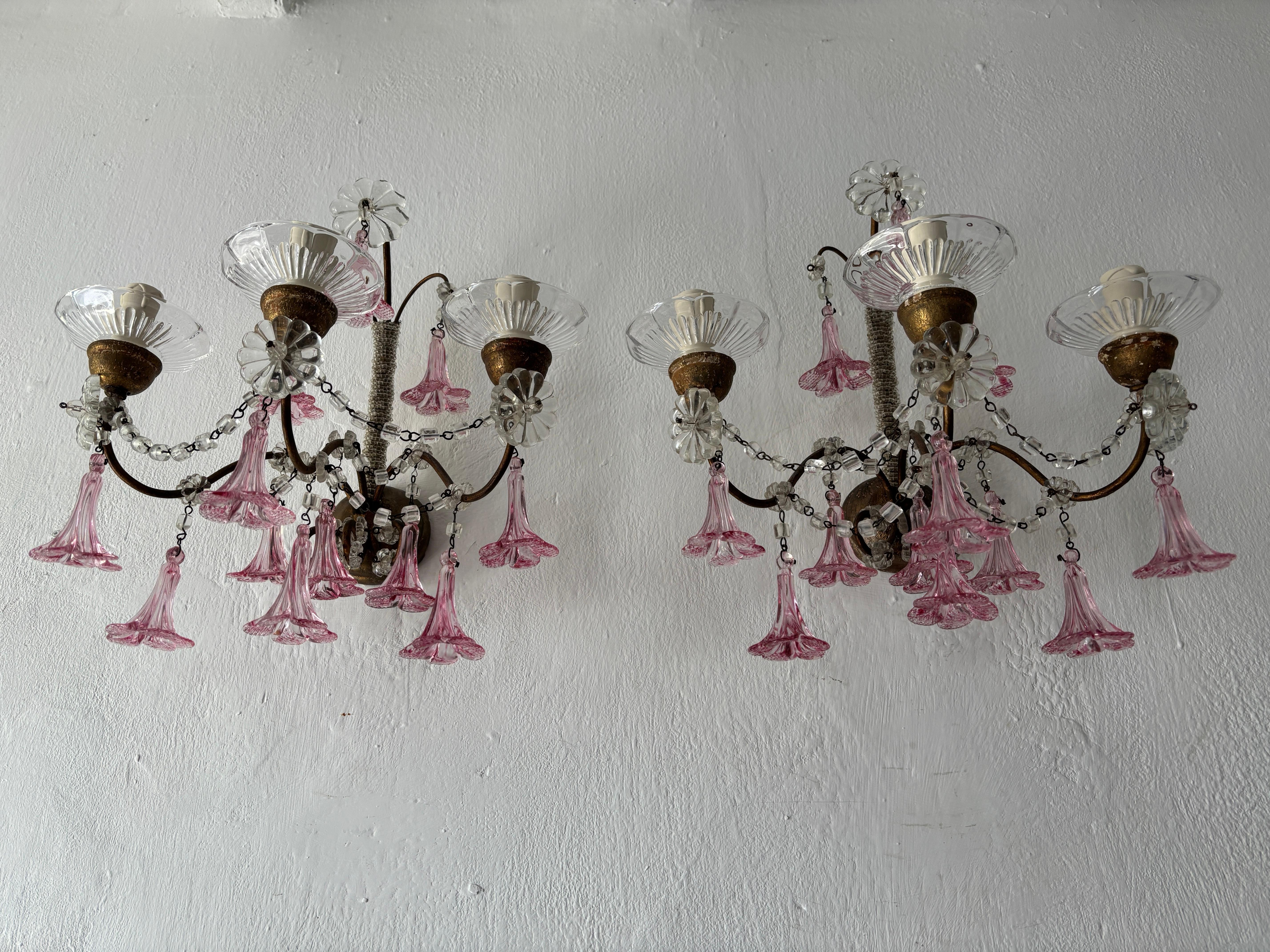 1920 French Baroque Pink Murano Drops 3 Lights Gilt Wood Micro Beaded Sconces For Sale 7