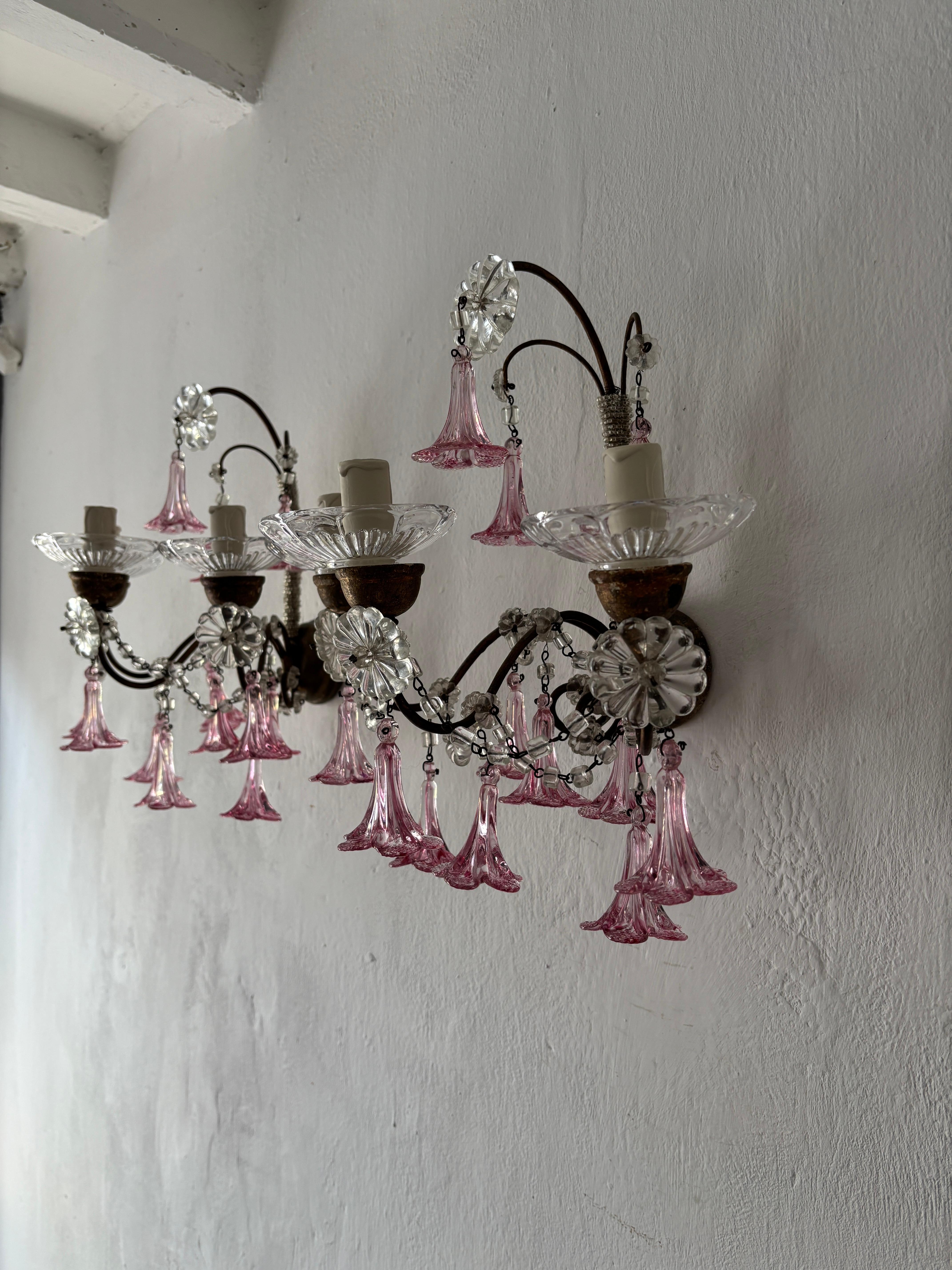Will be newly rewired using certified US UL sockets for the USA and appropriate sockets for all other countries and ready to hang! Housing 3 lights each, sitting on gold gilt wood supporting 3 vintage crystal bobeches. Gilt wood as backplate as
