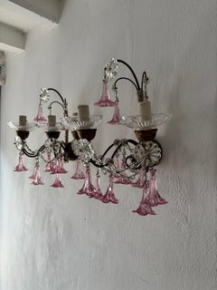 1920 French Baroque Pink Murano Drops 3 Lights Gilt Wood Micro Beaded Sconces