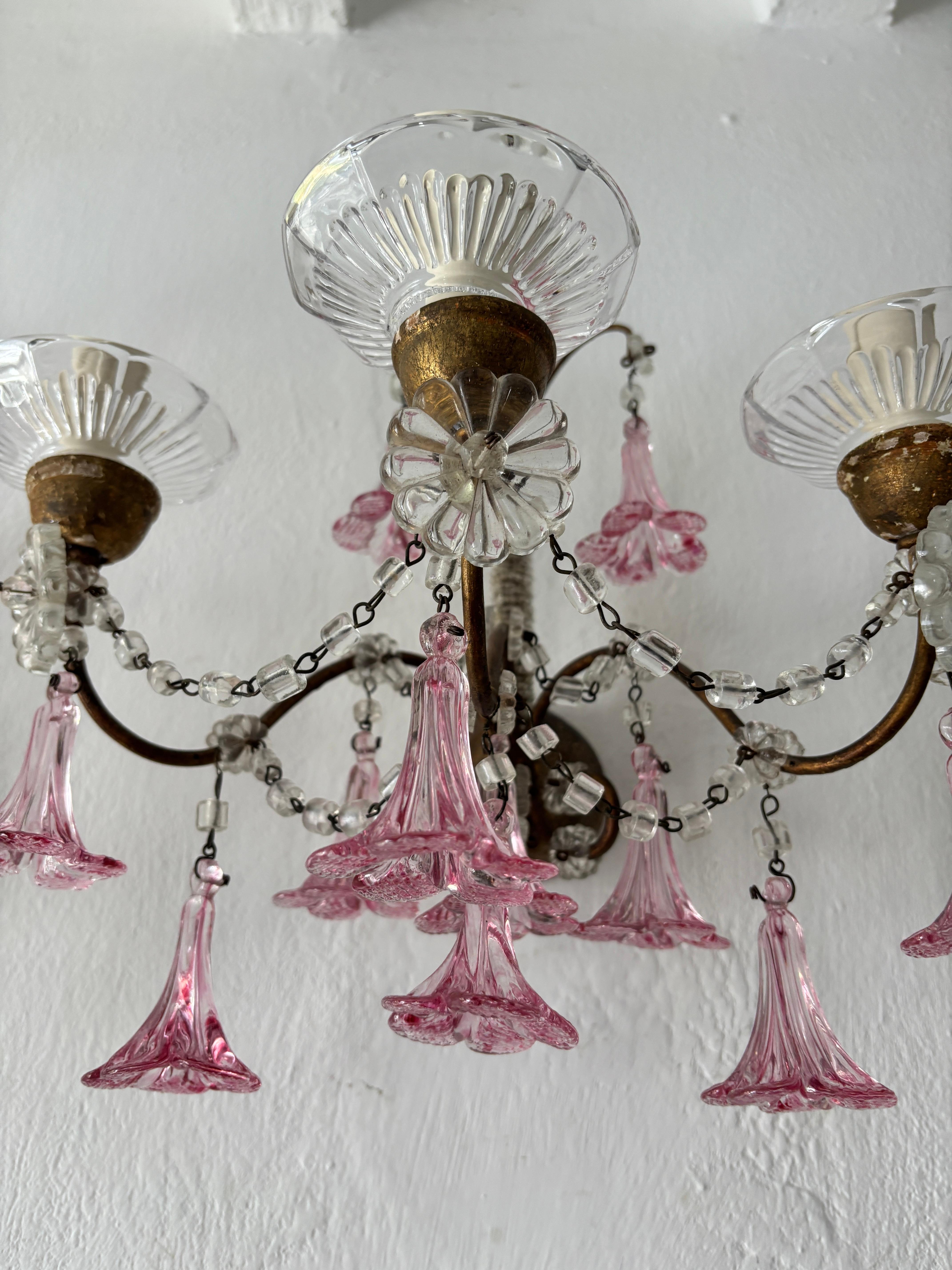 Crystal 1920 French Baroque Pink Murano Drops 3 Lights Gilt Wood Micro Beaded Sconces For Sale