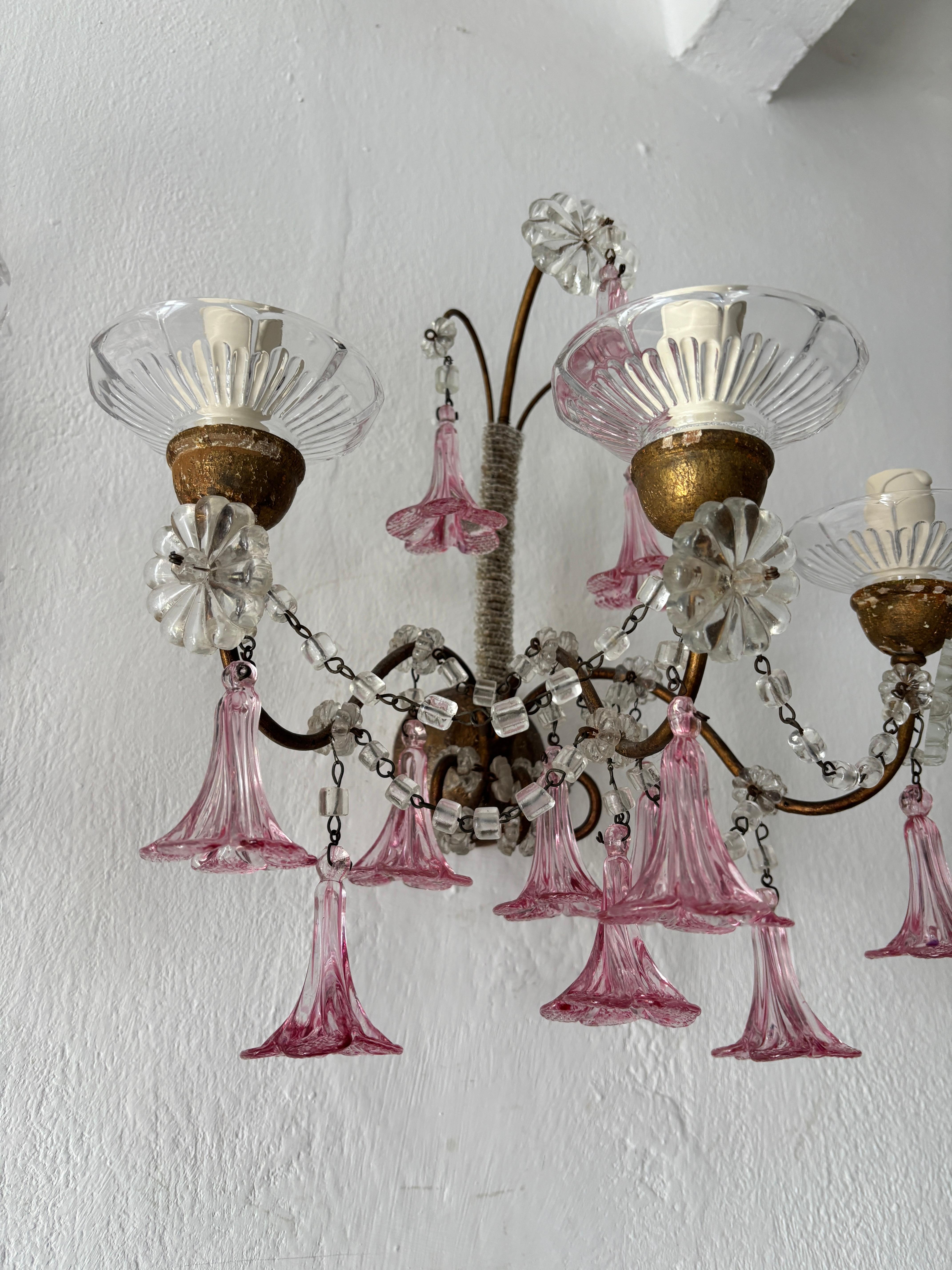 1920 French Baroque Pink Murano Drops 3 Lights Gilt Wood Micro Beaded Sconces For Sale 1