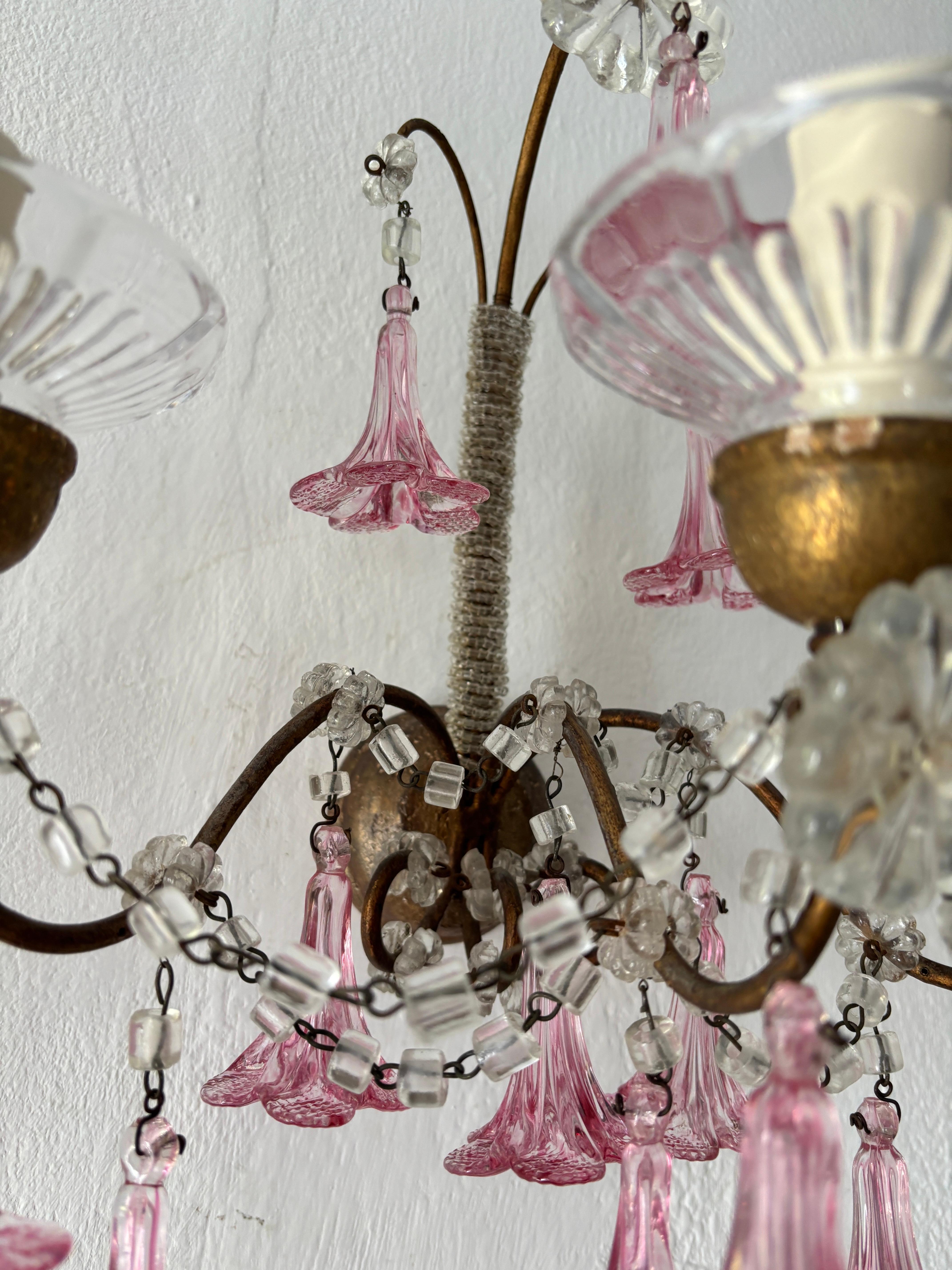 1920 French Baroque Pink Murano Drops 3 Lights Gilt Wood Micro Beaded Sconces For Sale 2