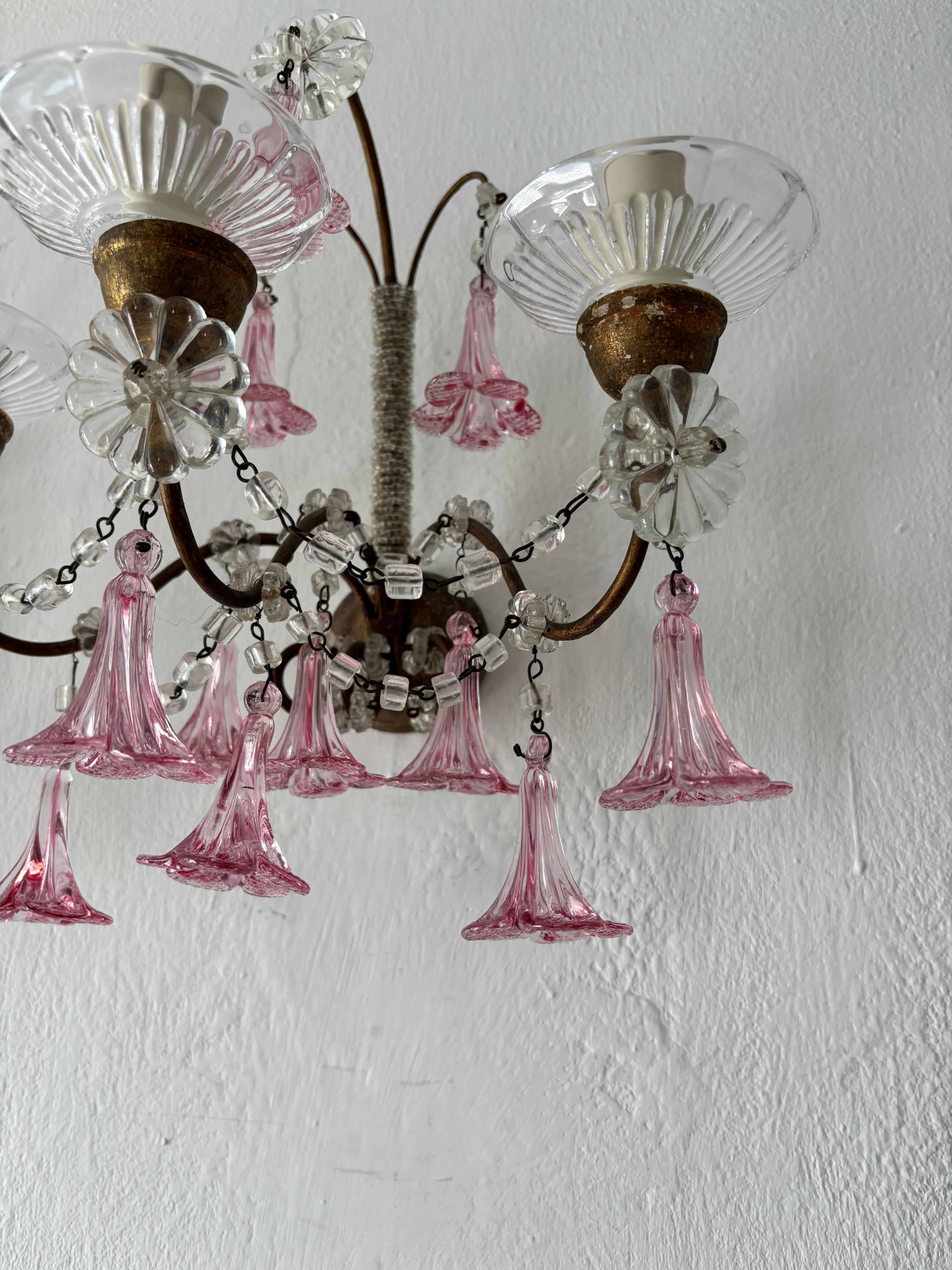 1920 French Baroque Pink Murano Drops 3 Lights Gilt Wood Micro Beaded Sconces For Sale 3