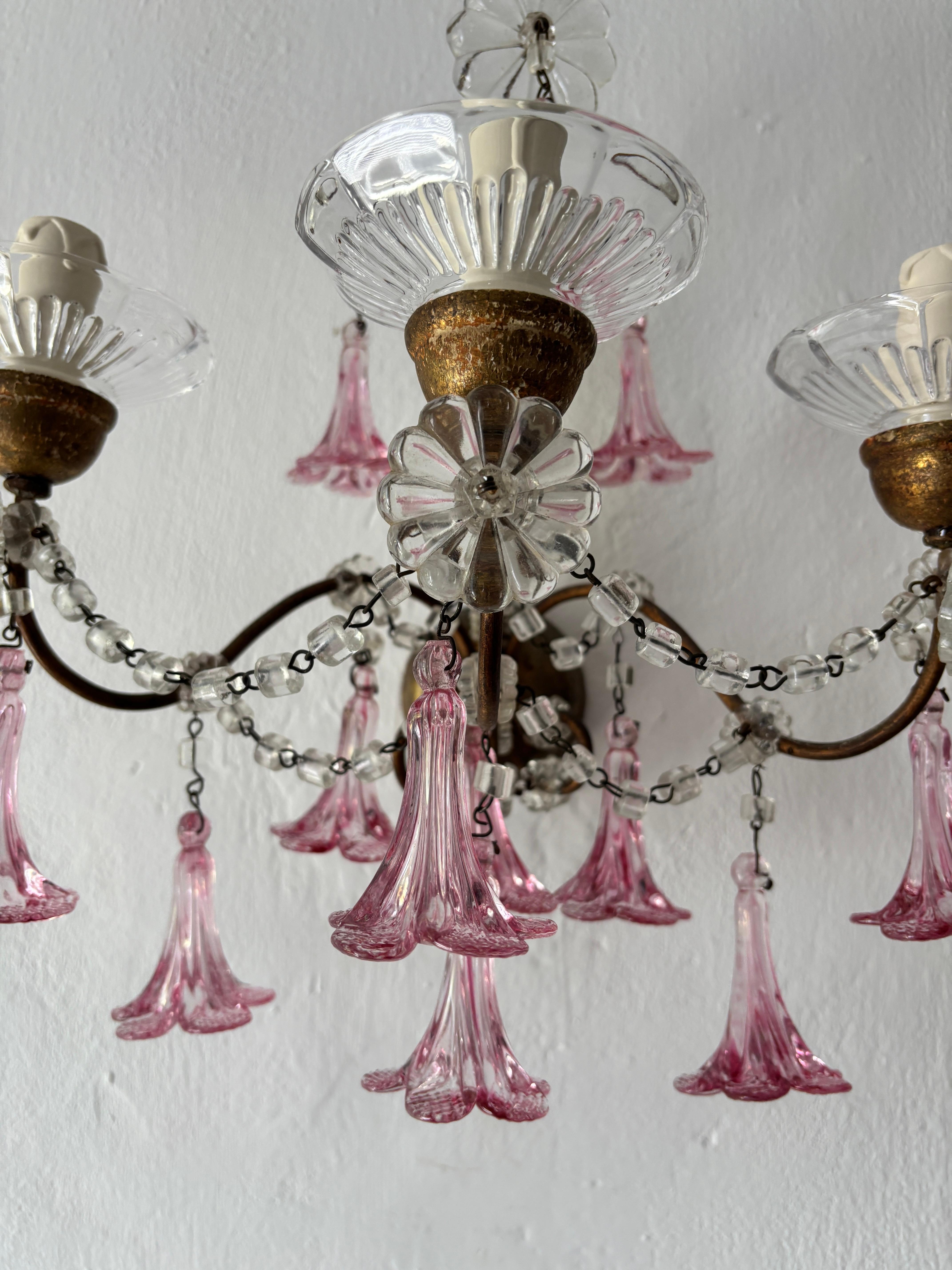 1920 French Baroque Pink Murano Drops 3 Lights Gilt Wood Micro Beaded Sconces For Sale 4