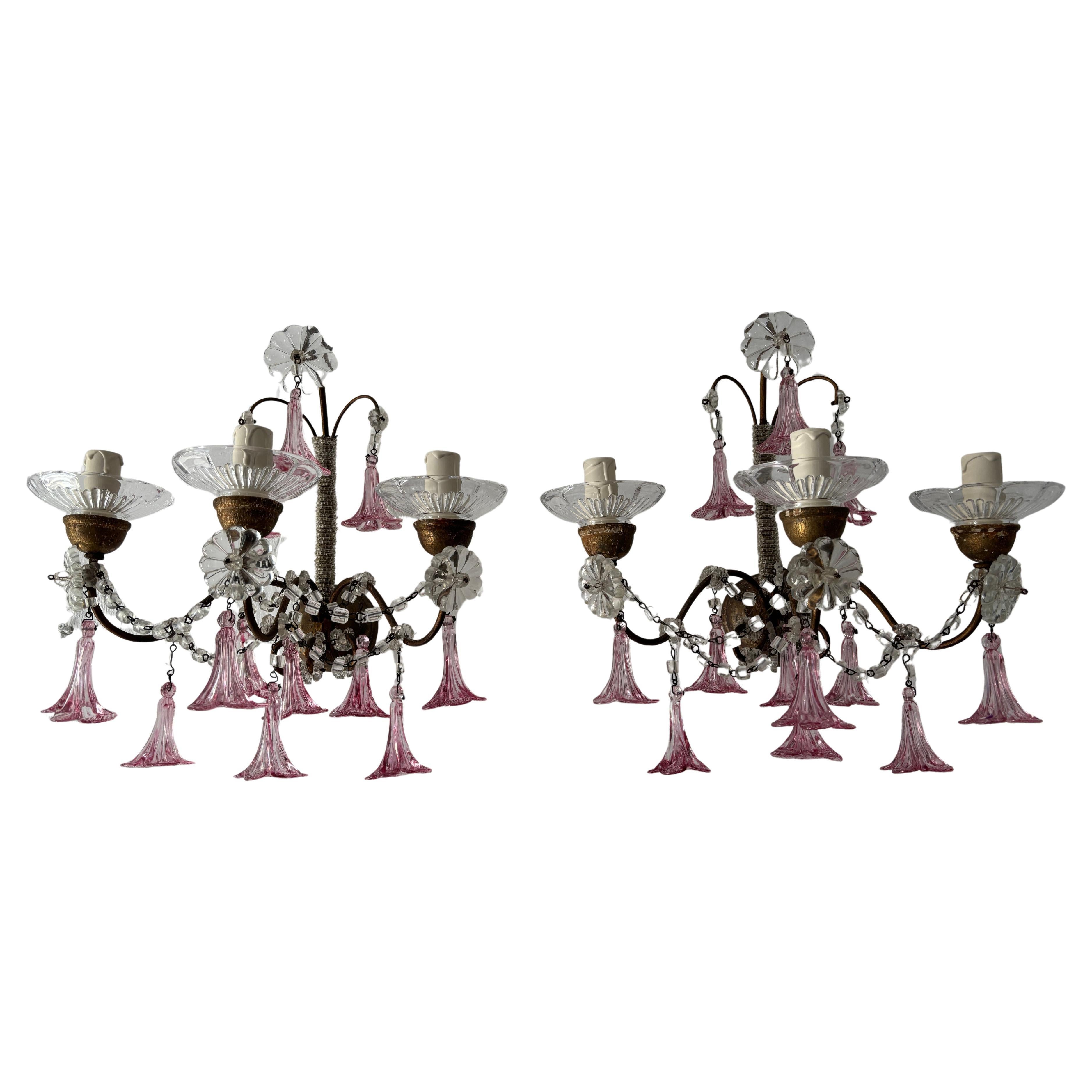 1920 French Baroque Pink Murano Drops 3 Lights Gilt Wood Micro Beaded Sconces For Sale