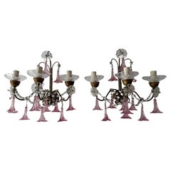 Antique 1920 French Baroque Pink Murano Drops 3 Lights Gilt Wood Micro Beaded Sconces