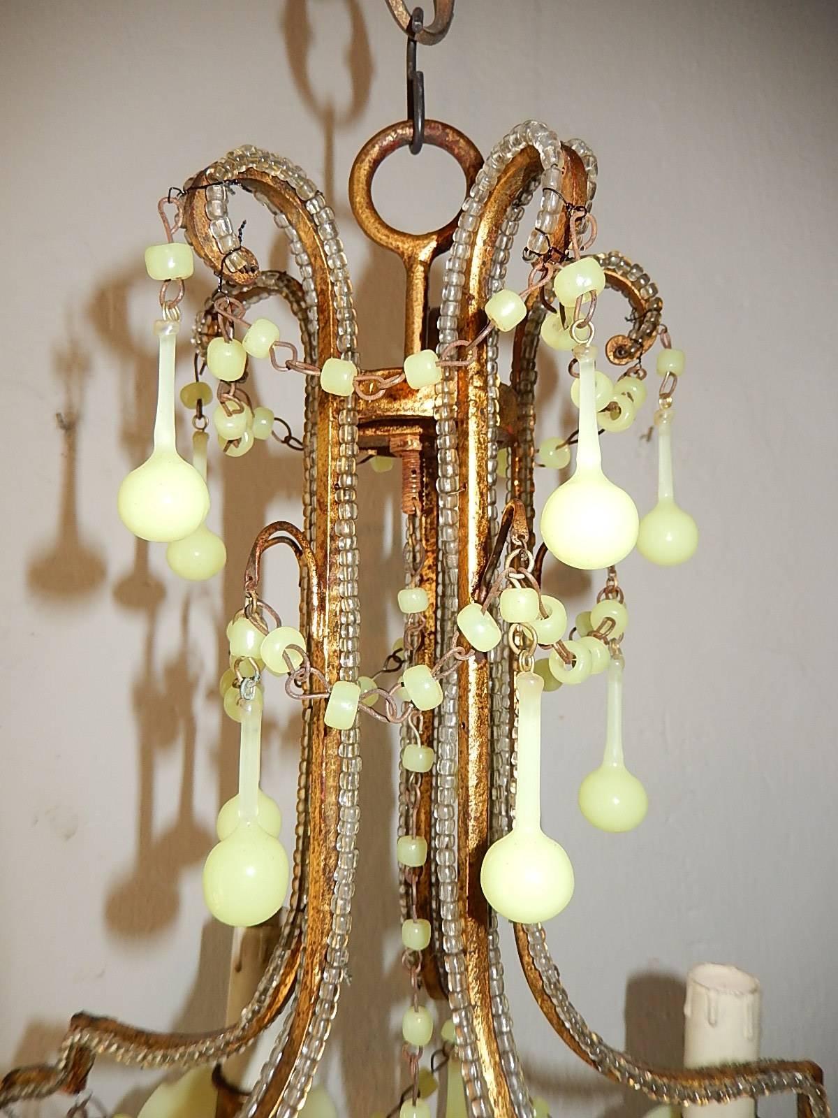 1920 French Beaded Yellow Opaline Bobeches, Beads and Drops Chandelier 5