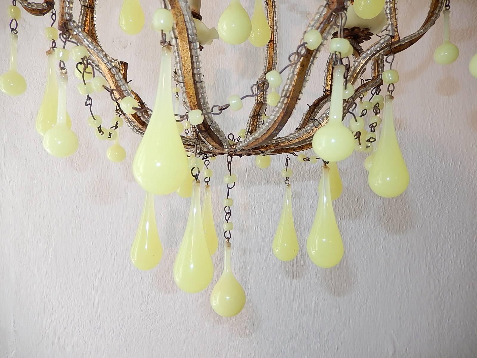 1920 French Beaded Yellow Opaline Bobeches, Beads and Drops Chandelier 6